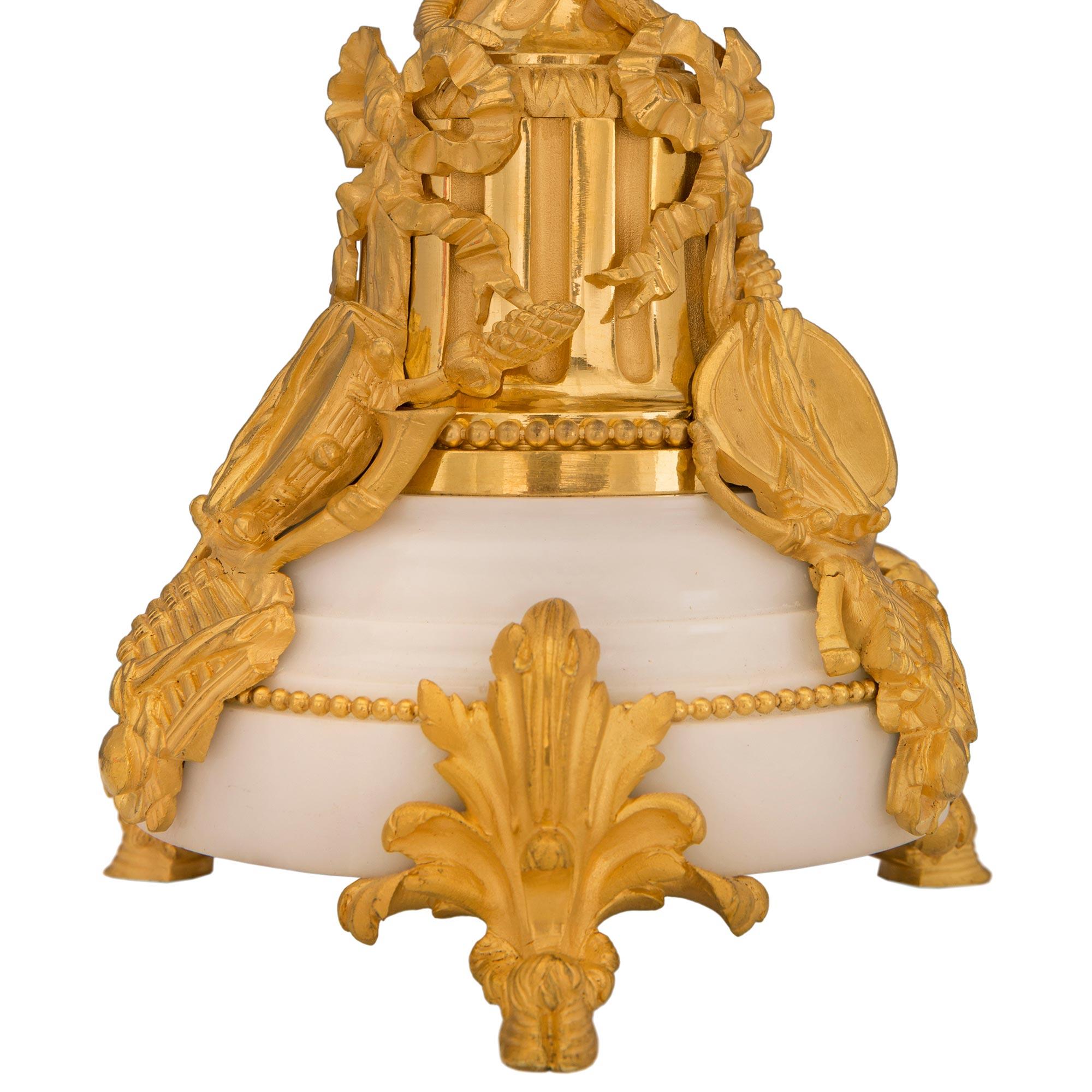 Pair of French 19th Century Louis XVI St. Ormolu and Marble Candelabra Lamps For Sale 5