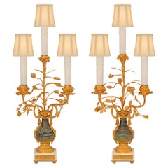 Pair of French 19th Century Louis XVI St. Ormolu and Marble Candelabra Lamps