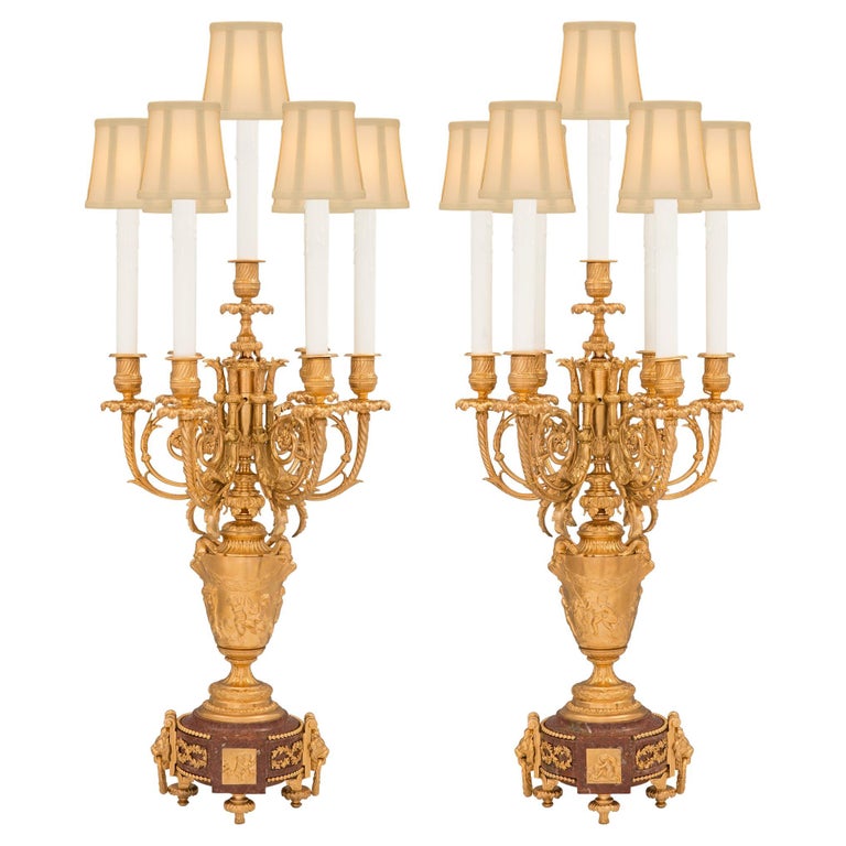 Pair of French 19th Century Louis XVI St. Ormolu and Marble Candelabra Lamps For Sale