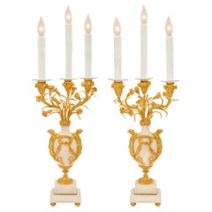 Paire de candélabres de style Louis XVI du 19ème siècle en bronze doré et marbre