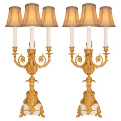 Pair of French 19th Century Louis XVI St. Ormolu and Marble Candelabra Lamps