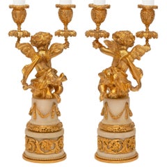 Pair of French 19th Century Louis XVI St. Ormolu and Marble Candelabras