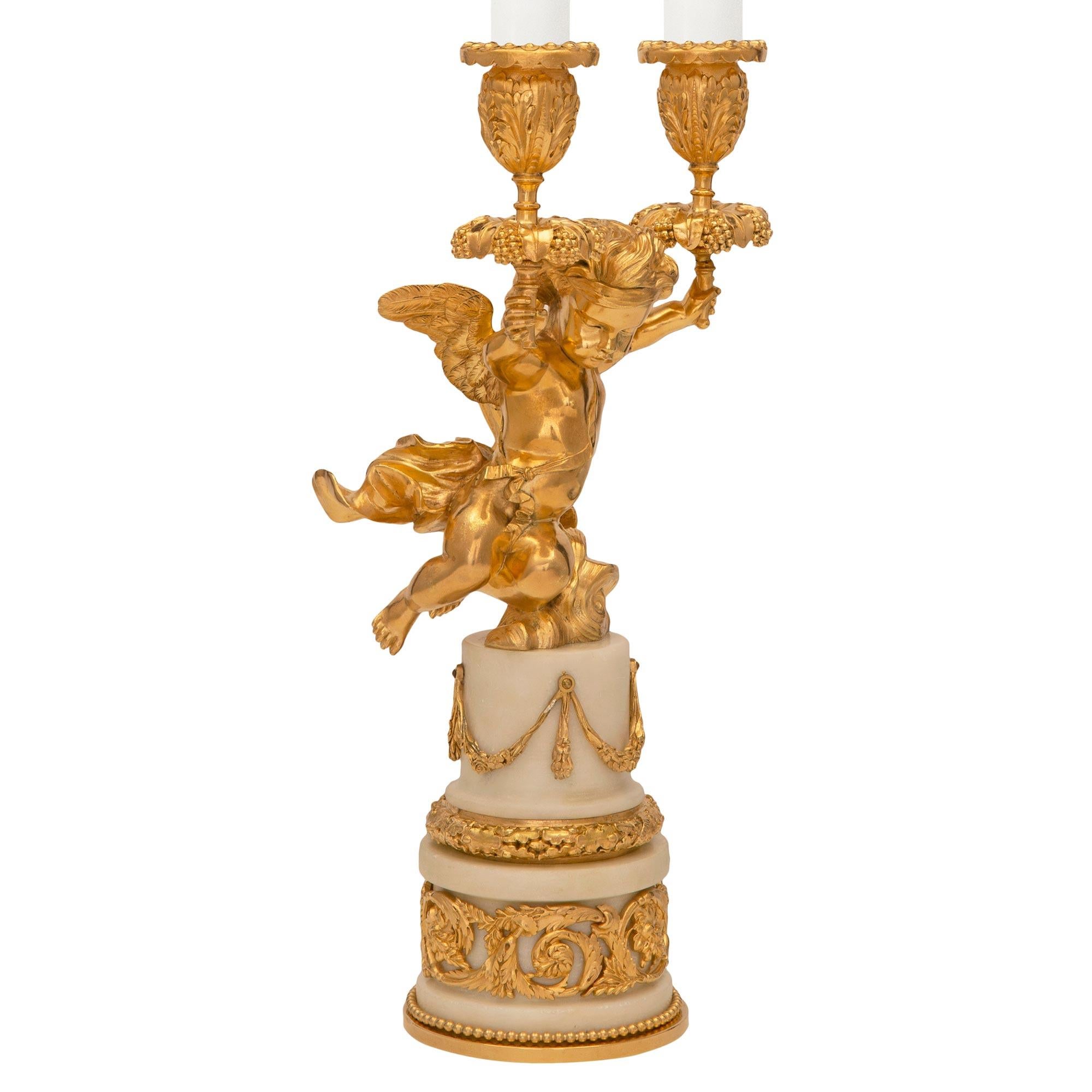 Pair of French 19th Century Louis XVI St. Ormolu and Marble Candelabras In Good Condition For Sale In West Palm Beach, FL