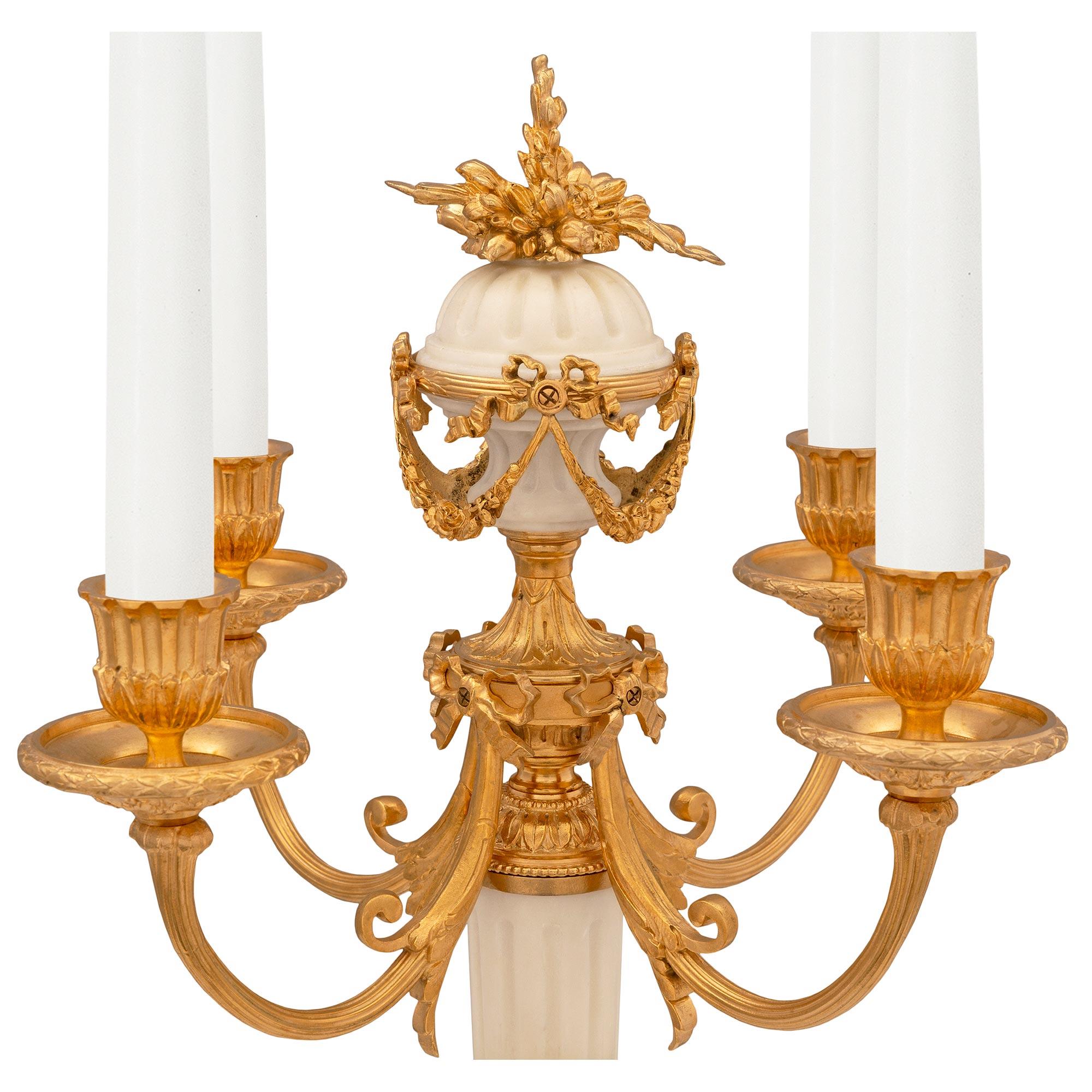 Pair of French 19th Century Louis XVI St. Ormolu and Marble Candelabras In Good Condition For Sale In West Palm Beach, FL