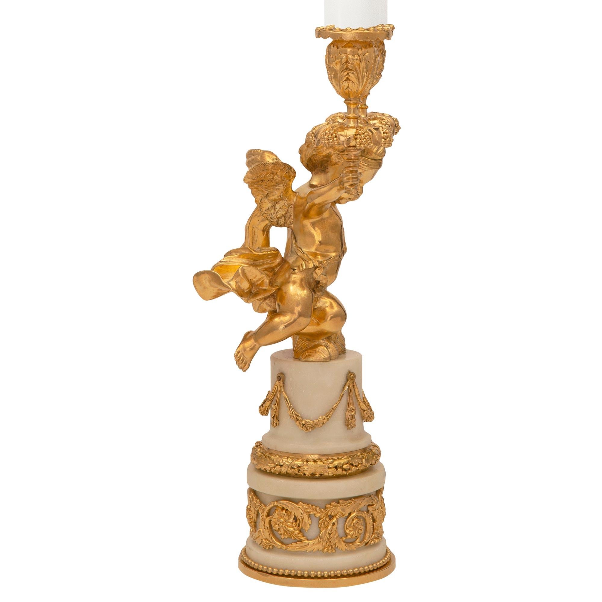 Pair of French 19th Century Louis XVI St. Ormolu and Marble Candelabras For Sale 1