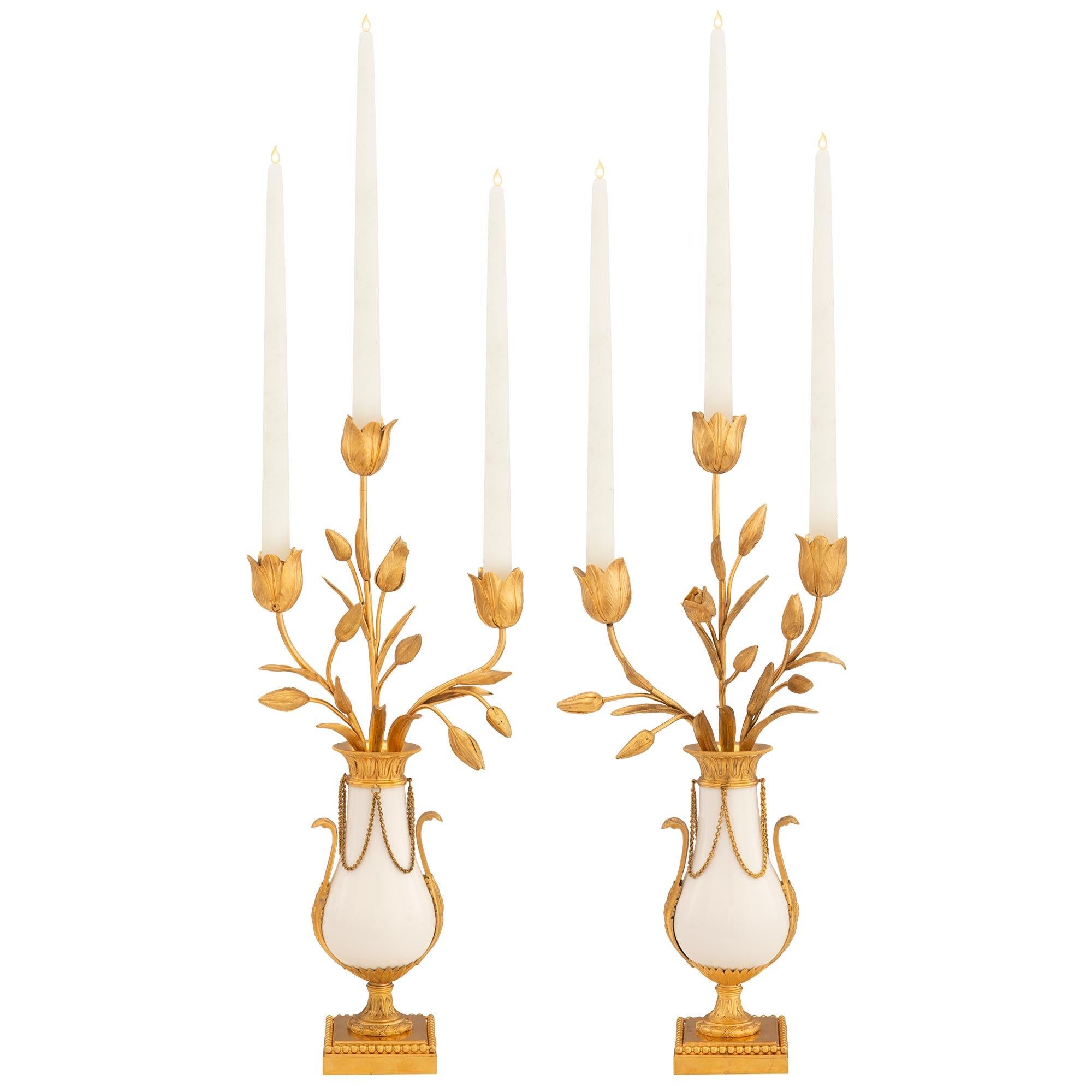 Pair of French 19th Century Louis XVI St. Ormolu and Marble Candelabras For Sale 6