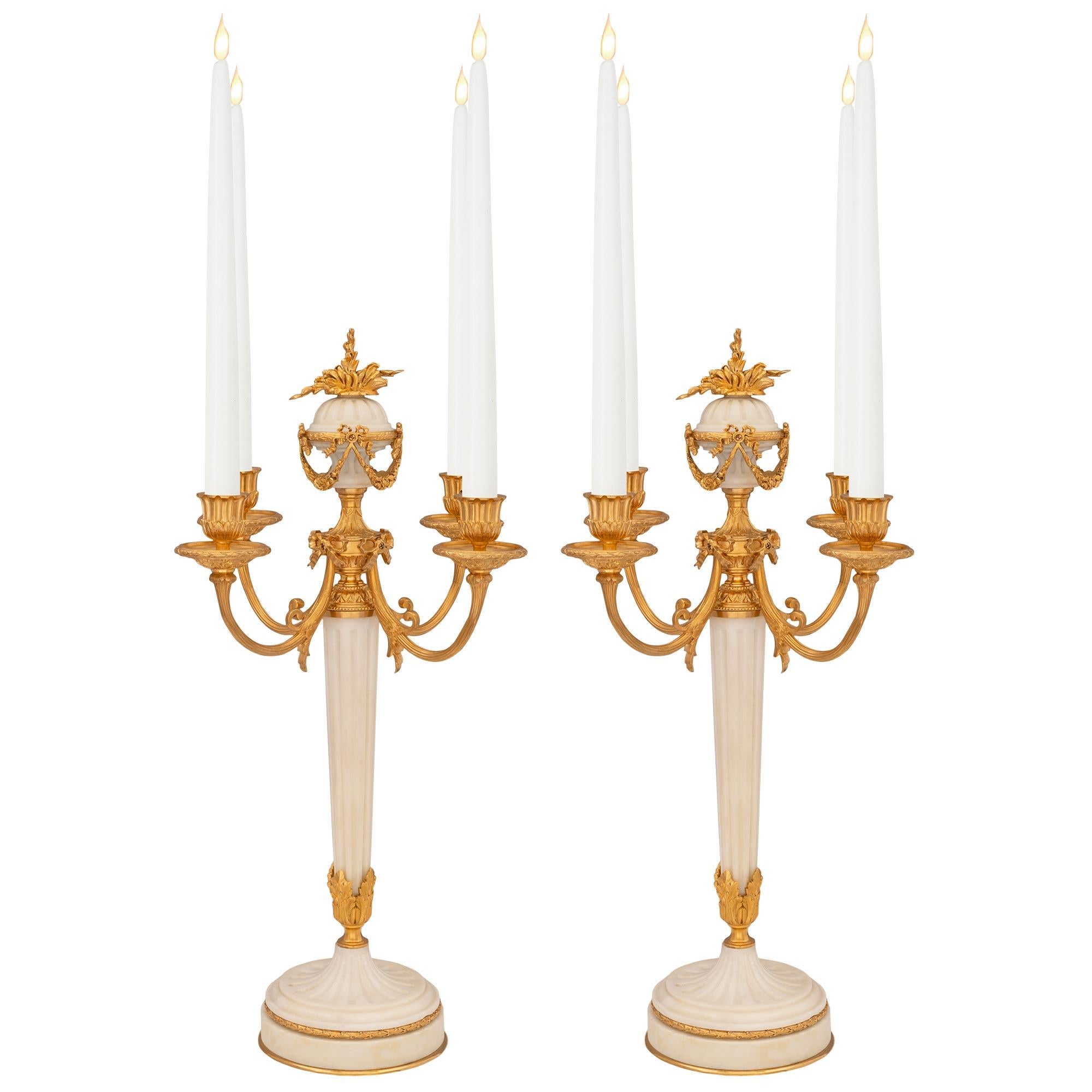 Pair of French 19th Century Louis XVI St. Ormolu and Marble Candelabras For Sale