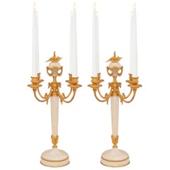 Pair of French 19th Century Louis XVI St. Ormolu and Marble Candelabras