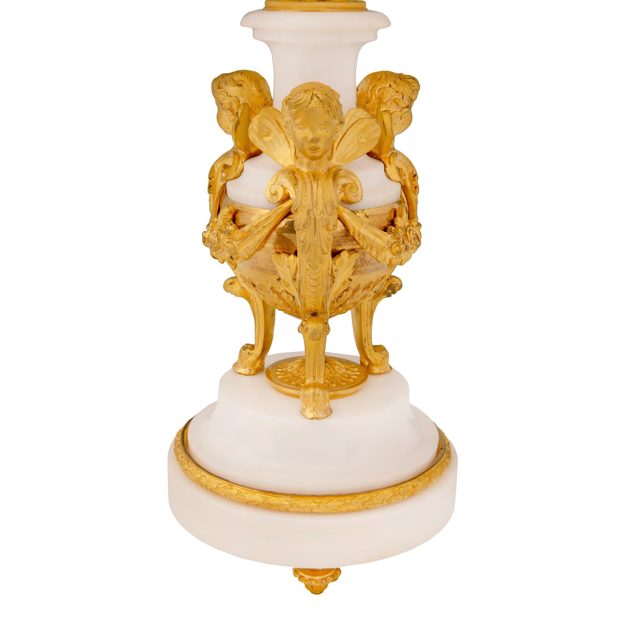 Pair of French 19th Century Louis XVI St. Ormolu and Marble Four Arm Candelabras For Sale 3