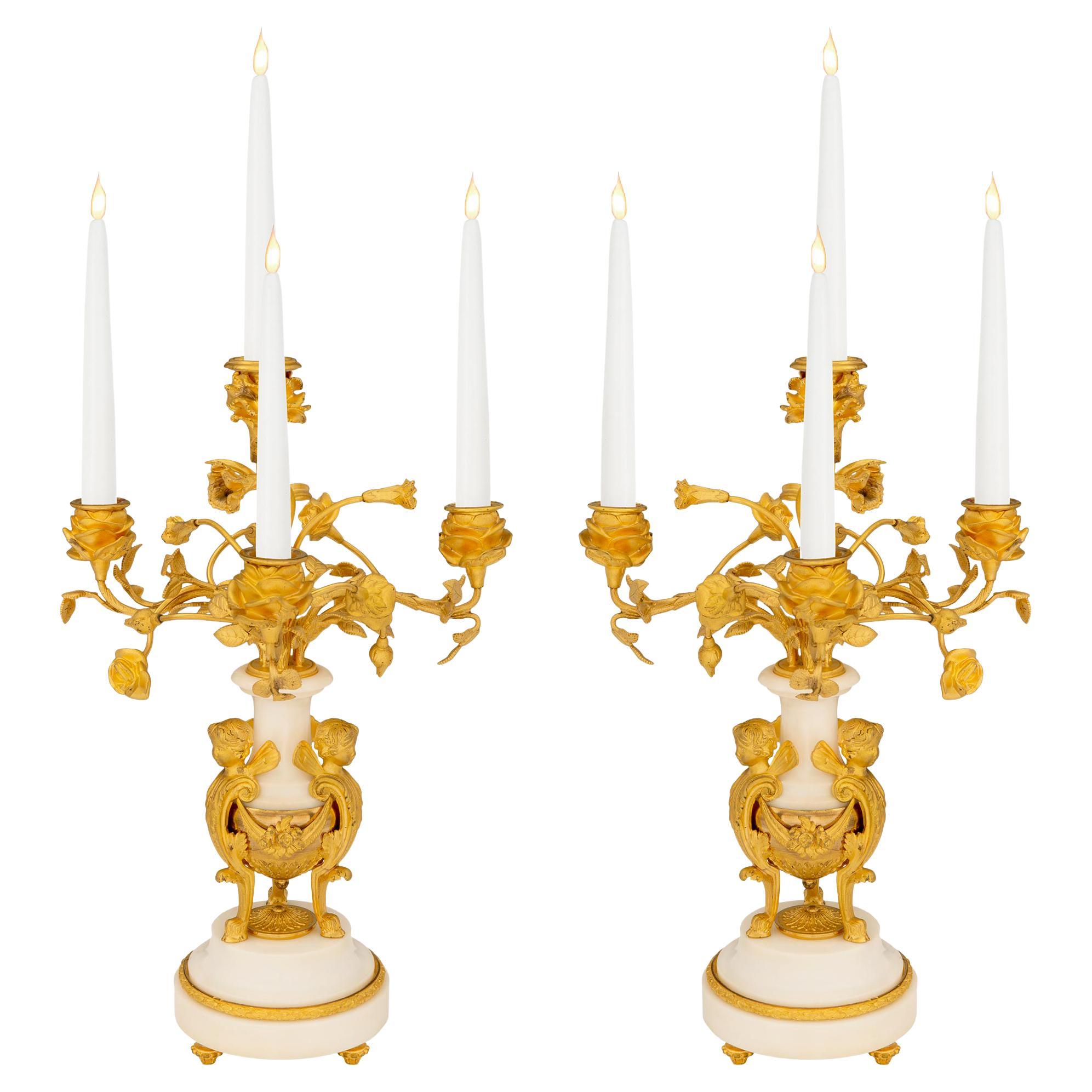 Pair of French 19th Century Louis XVI St. Ormolu and Marble Four Arm Candelabras