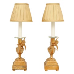 Pair of French 19th Century Louis XVI St. Ormolu and Marble Lamps