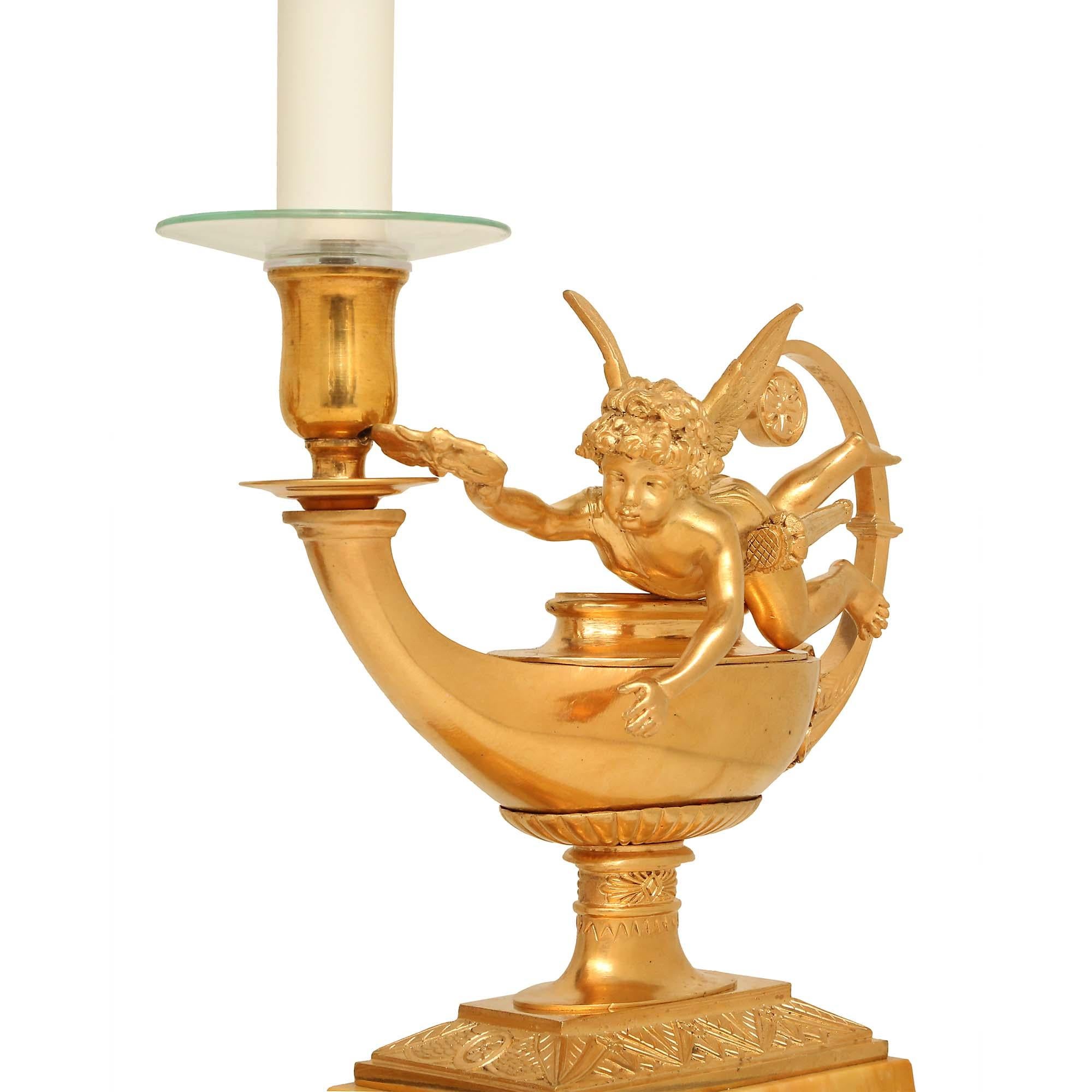 Pair of French 19th Century Louis XVI St. Ormolu and Marble Lamps For Sale 1