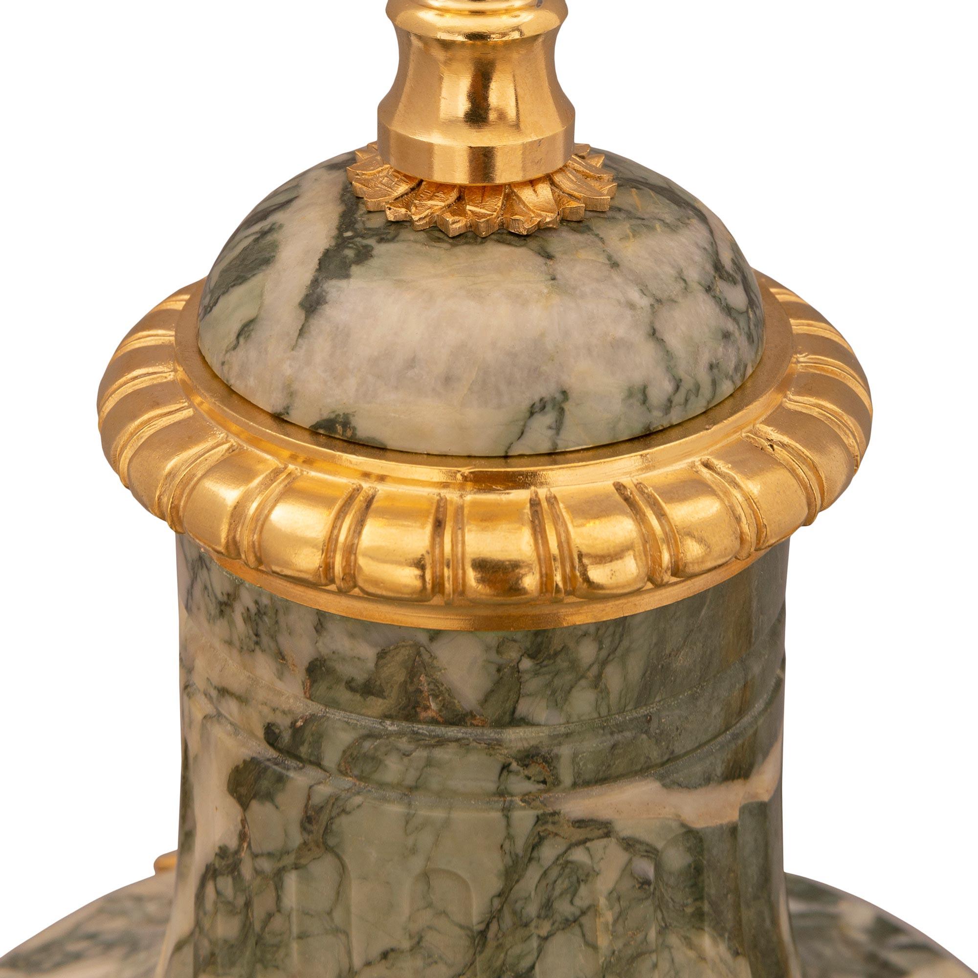 Pair of French 19th Century Louis XVI St. Ormolu and Marble Lamps  For Sale 1