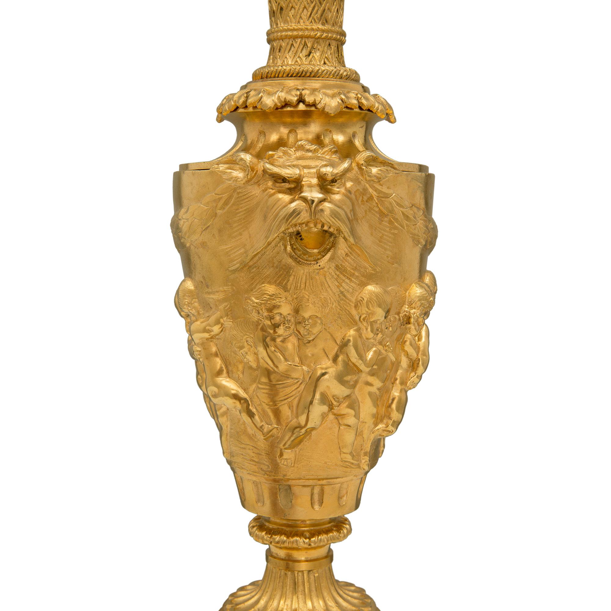 Pair of French 19th Century Louis XVI St. Ormolu and Marble Lamps For Sale 4