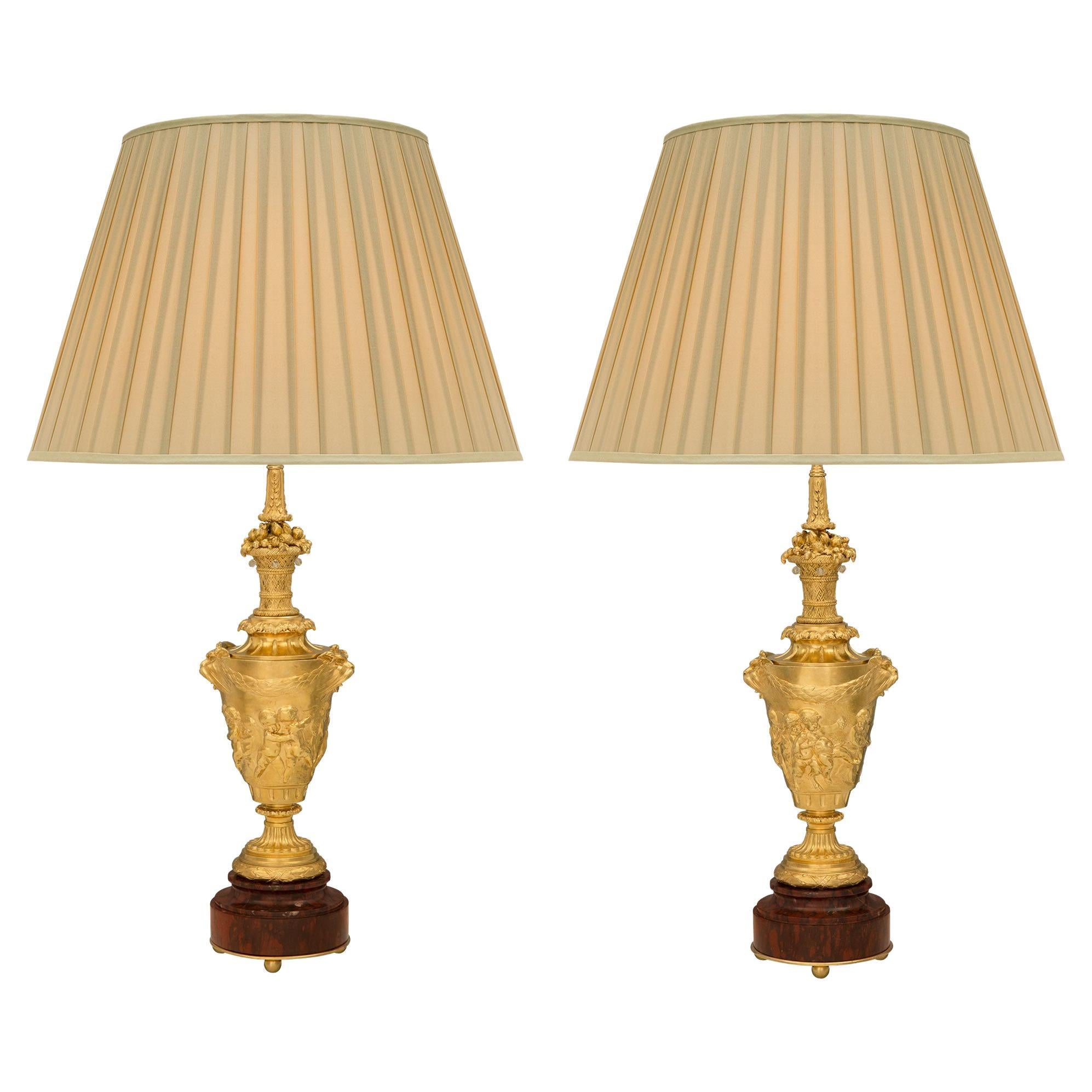 Pair of French 19th Century Louis XVI St. Ormolu and Marble Lamps