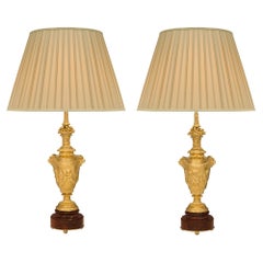 Pair of French 19th Century Louis XVI St. Ormolu and Marble Lamps