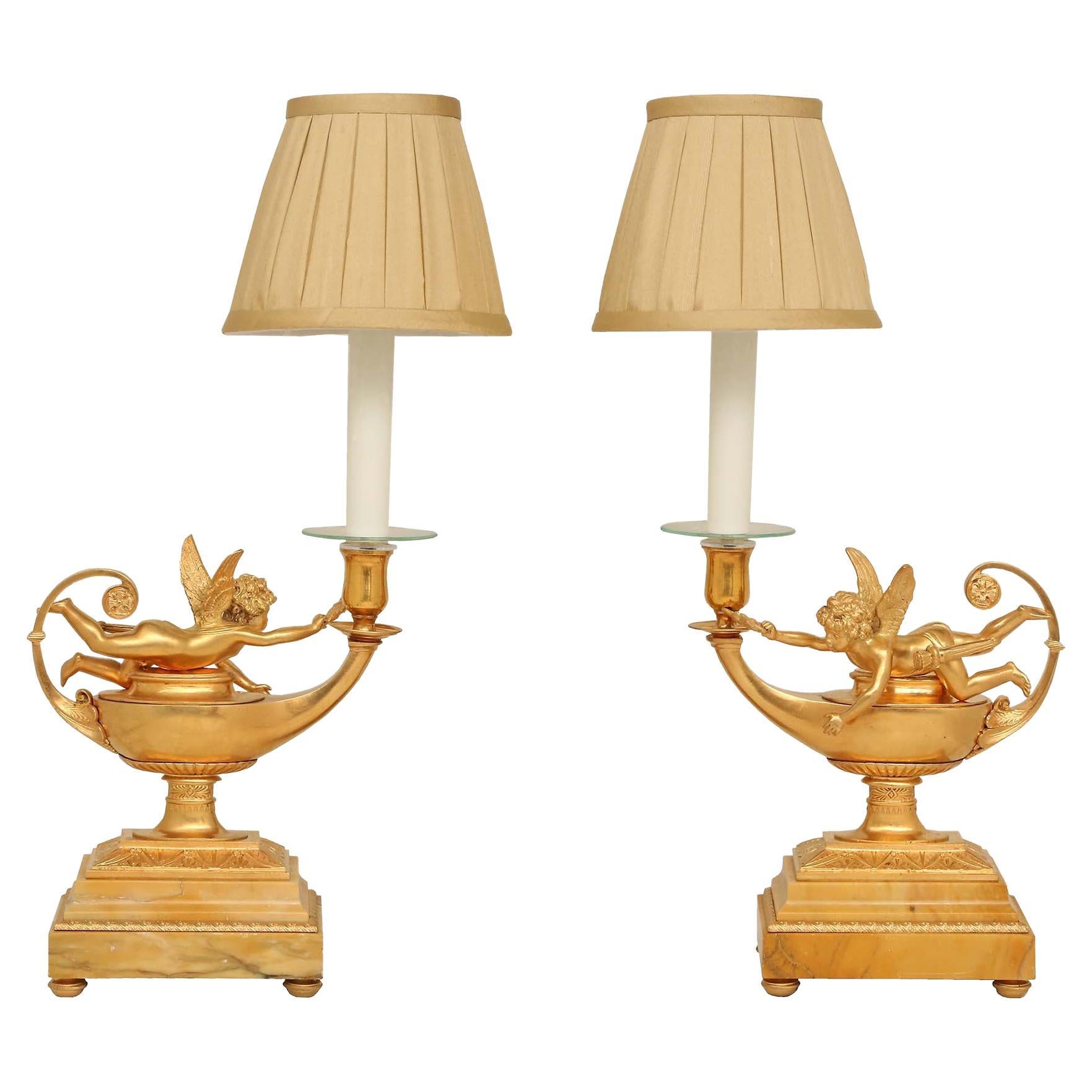 Pair of French 19th Century Louis XVI St. Ormolu and Marble Lamps For Sale