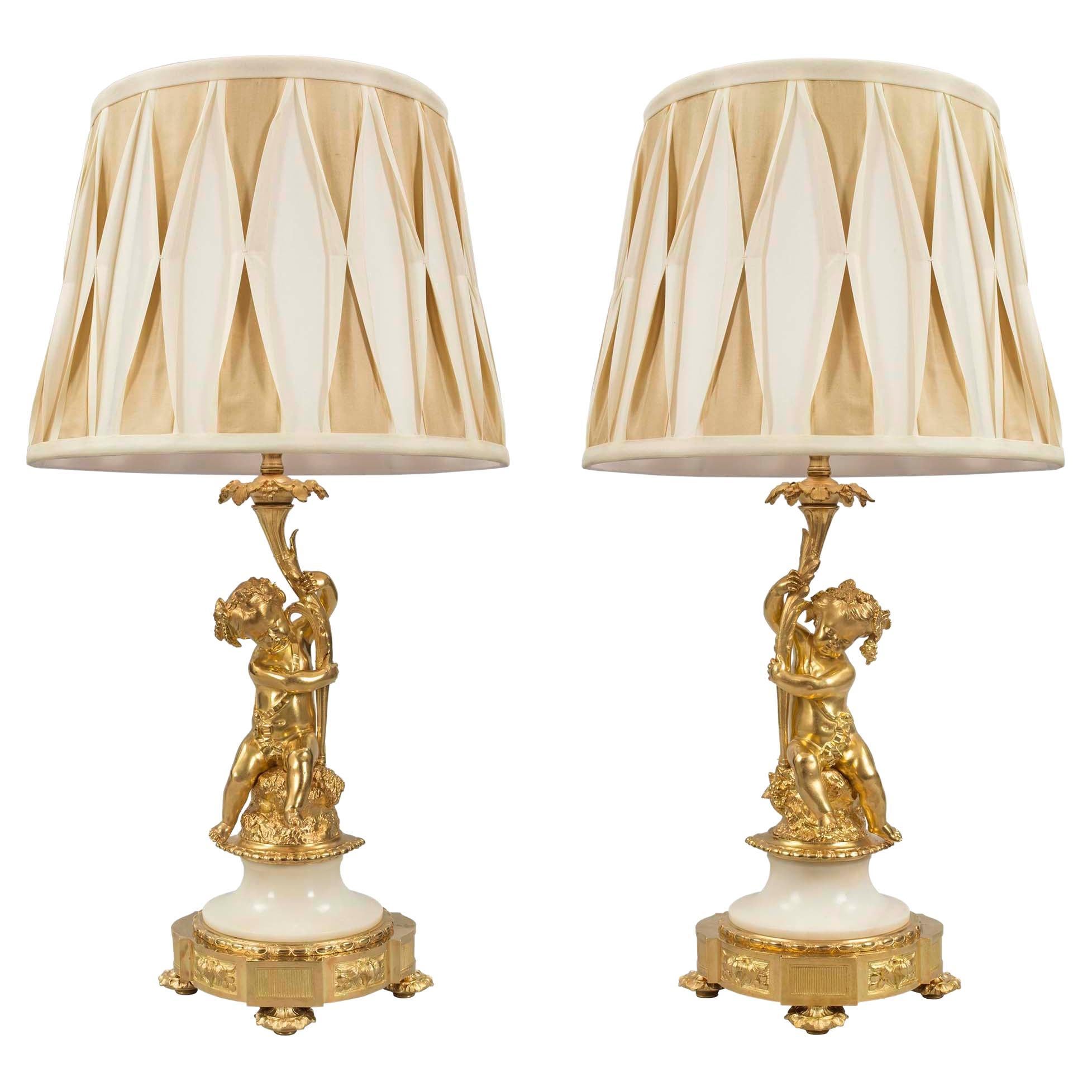 Pair of French 19th Century Louis XVI St. Ormolu and Marble Lamps