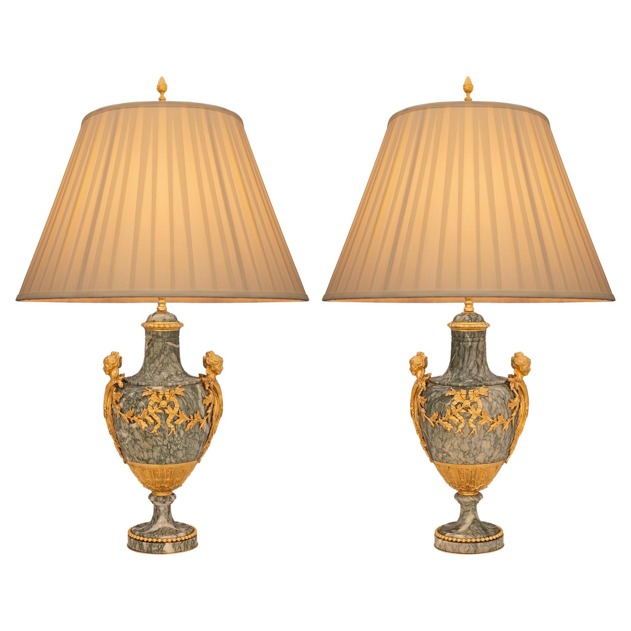 Pair of French 19th Century Louis XVI St. Ormolu and Marble Lamps 