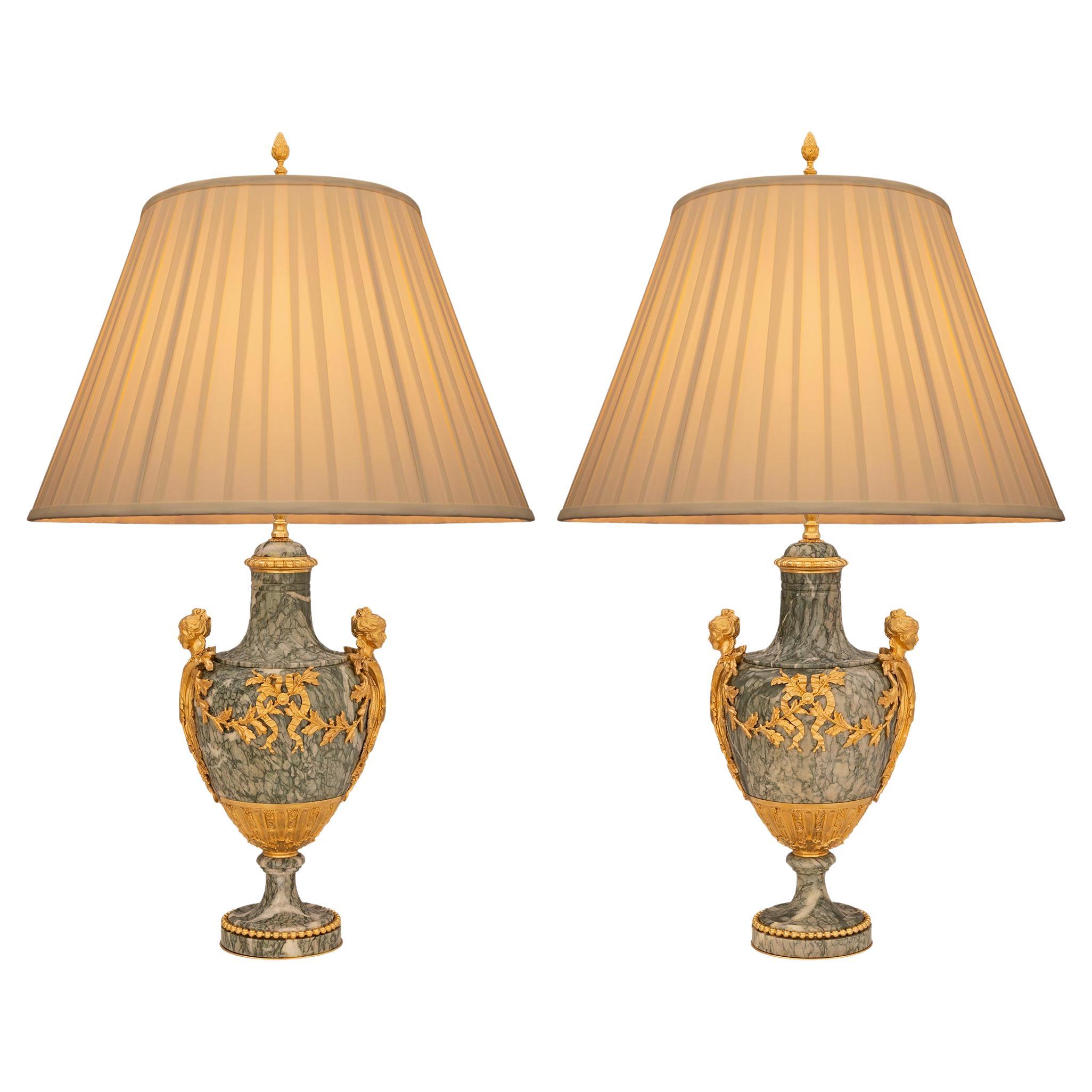 Pair of French 19th Century Louis XVI St. Ormolu and Marble Lamps