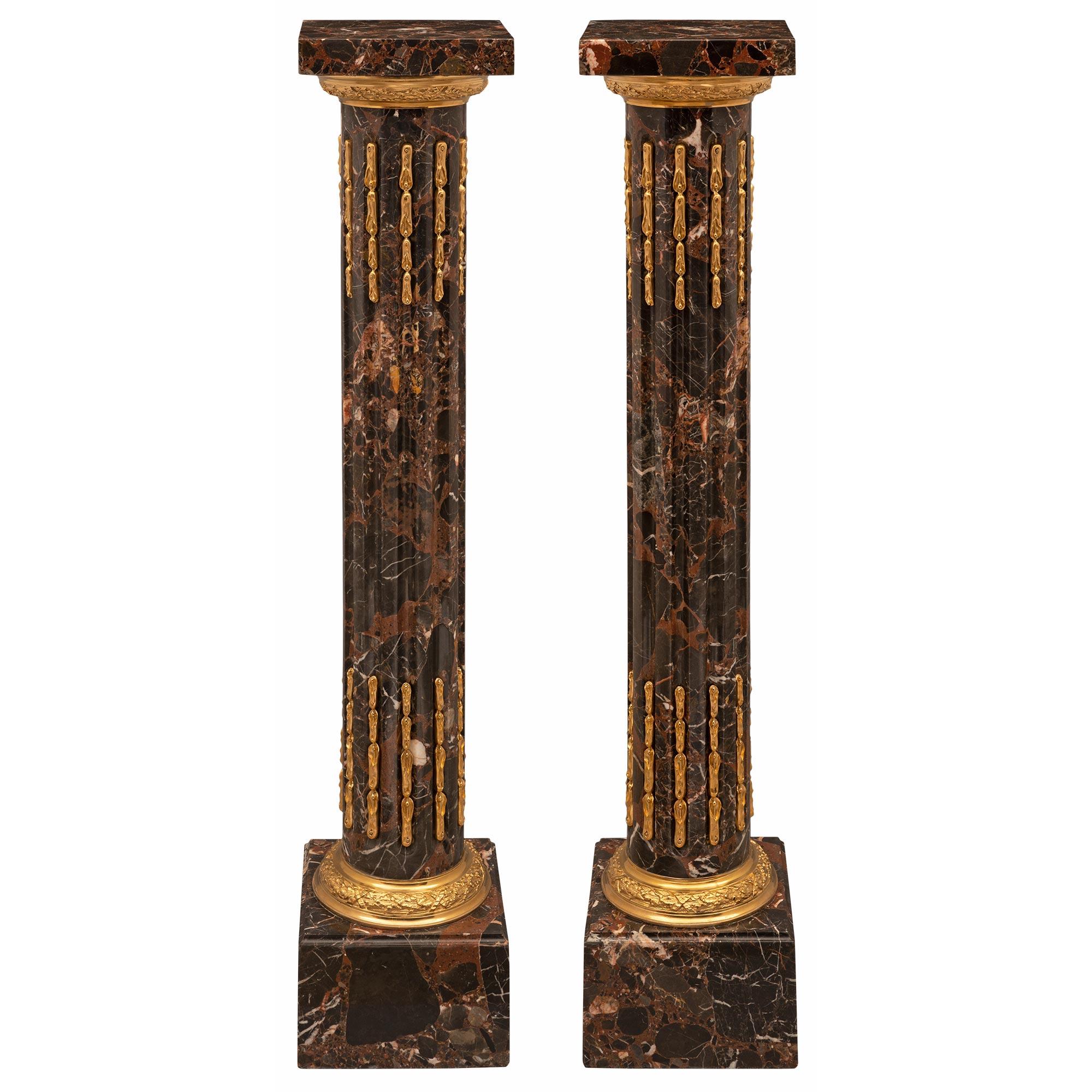 Pair of French 19th Century Louis XVI St. Ormolu and Marble Pedestal Columns For Sale 6