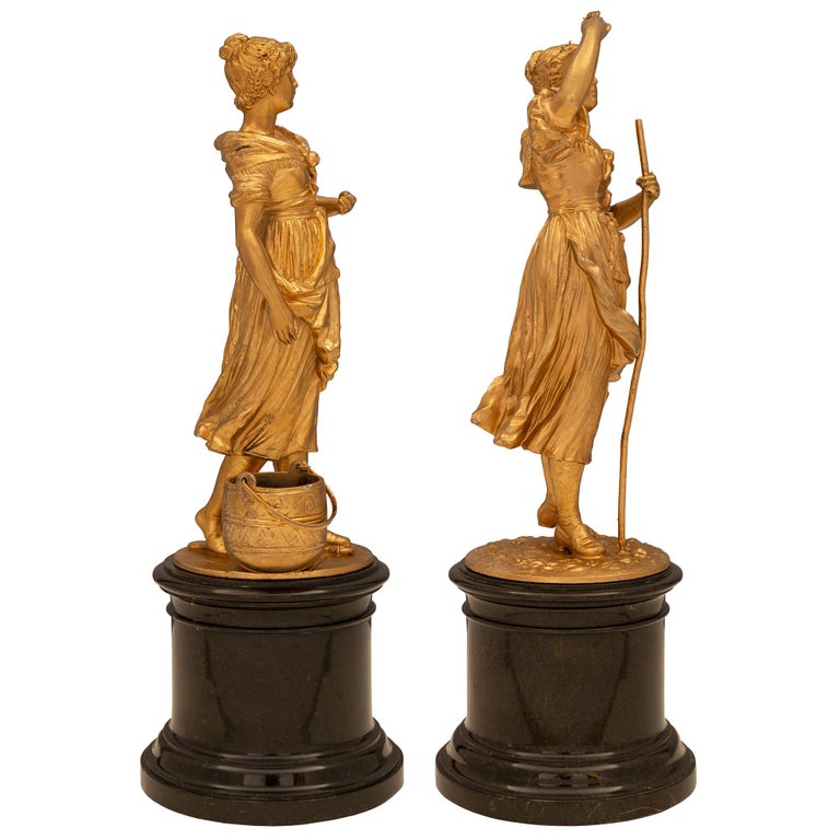 Pair of French 19th Century Louis XVI St. Ormolu and Marble Statues In Good Condition For Sale In West Palm Beach, FL