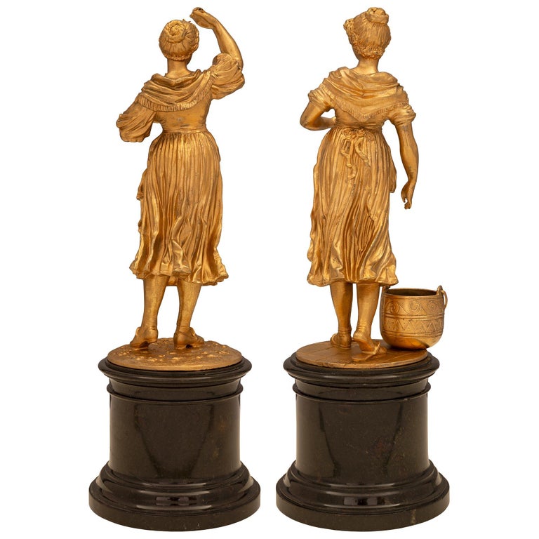 Pair of French 19th Century Louis XVI St. Ormolu and Marble Statues For Sale 1