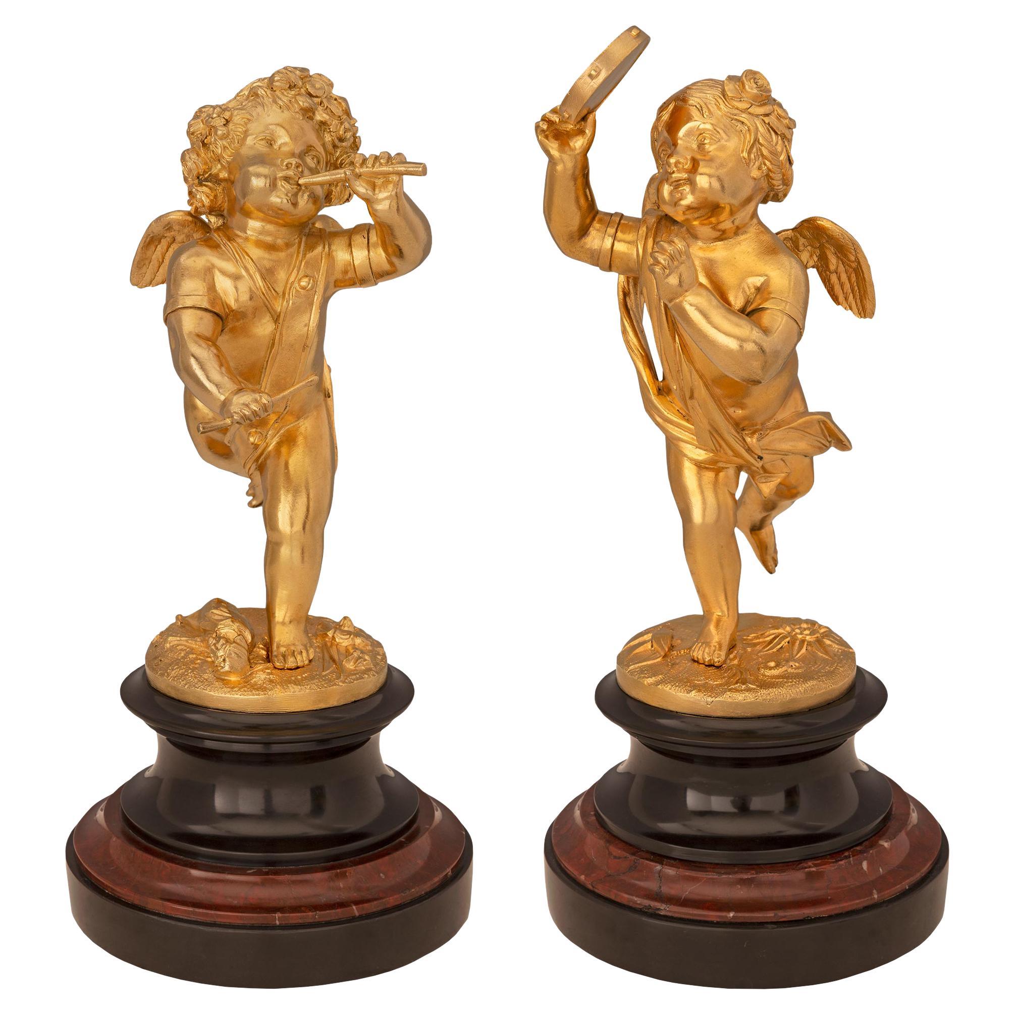Pair of French 19th Century Louis XVI St. Ormolu and Marble Statues