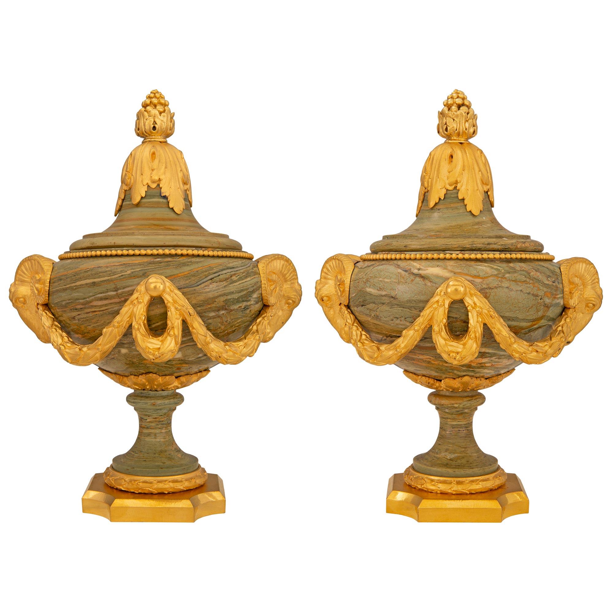 Belle Époque Pair of French 19th Century Louis XVI St. Ormolu and Marble Urns