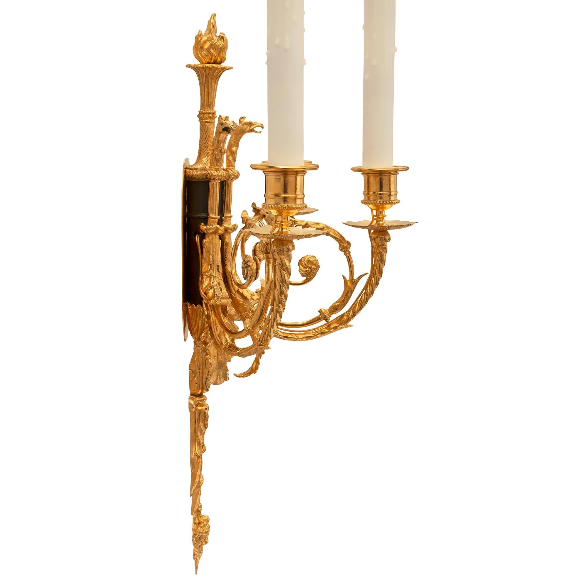 Pair of French 19th Century Louis XVI St. Ormolu and Patinated Bronze Sconces In Good Condition For Sale In West Palm Beach, FL