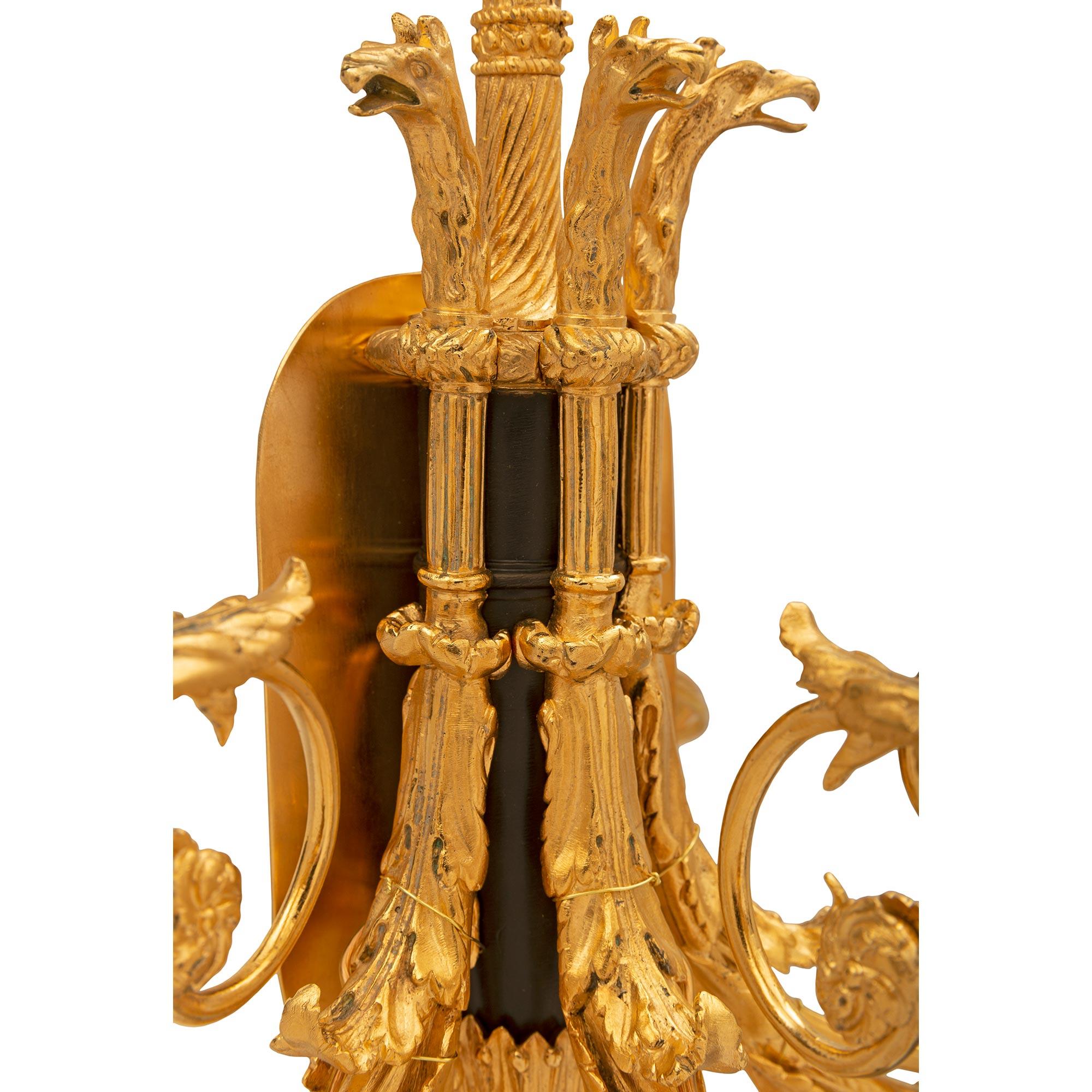 Pair of French 19th Century Louis XVI St. Ormolu and Patinated Bronze Sconces For Sale 2