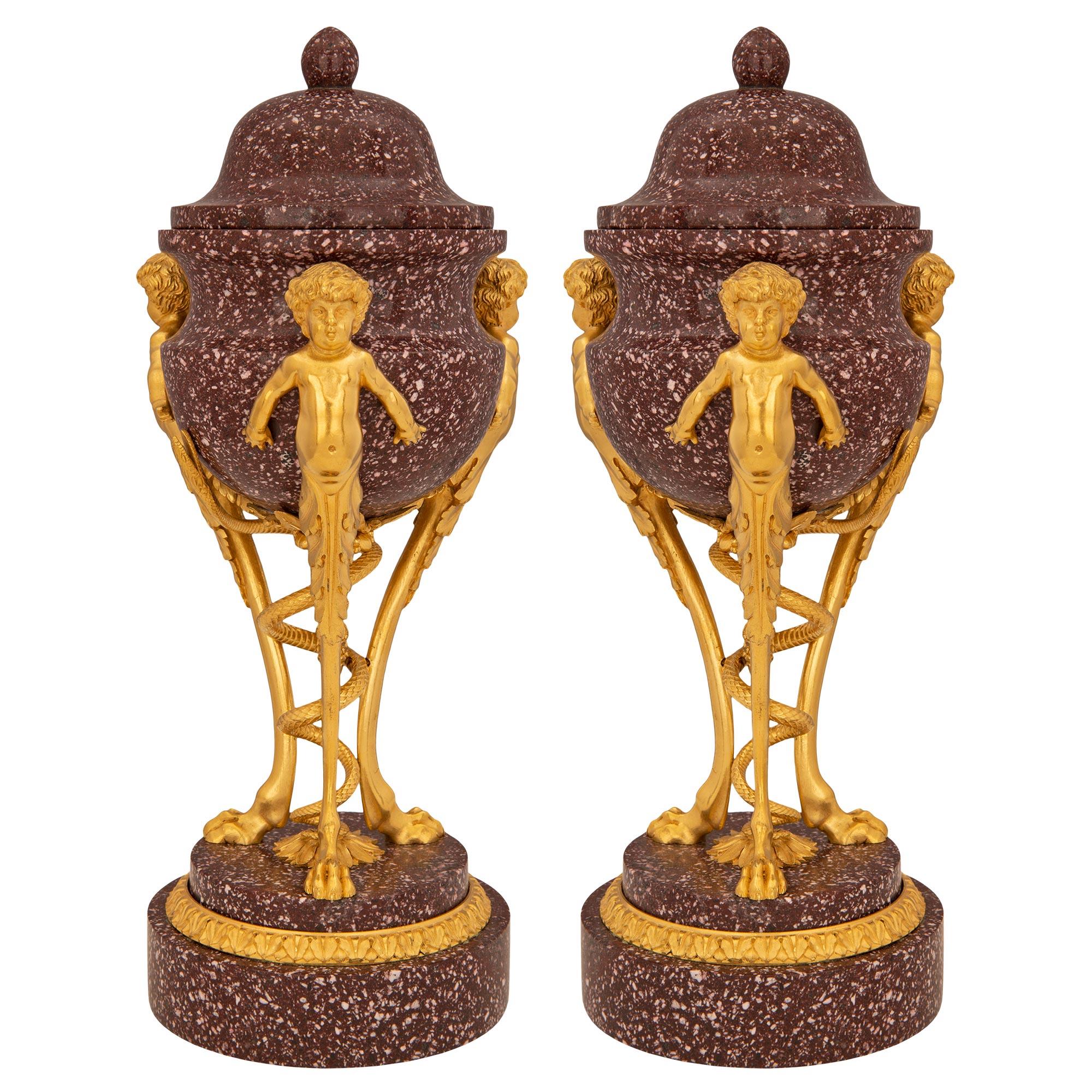 Pair of French 19th Century Louis XVI St. Ormolu and Porphyry Lidded Urns For Sale