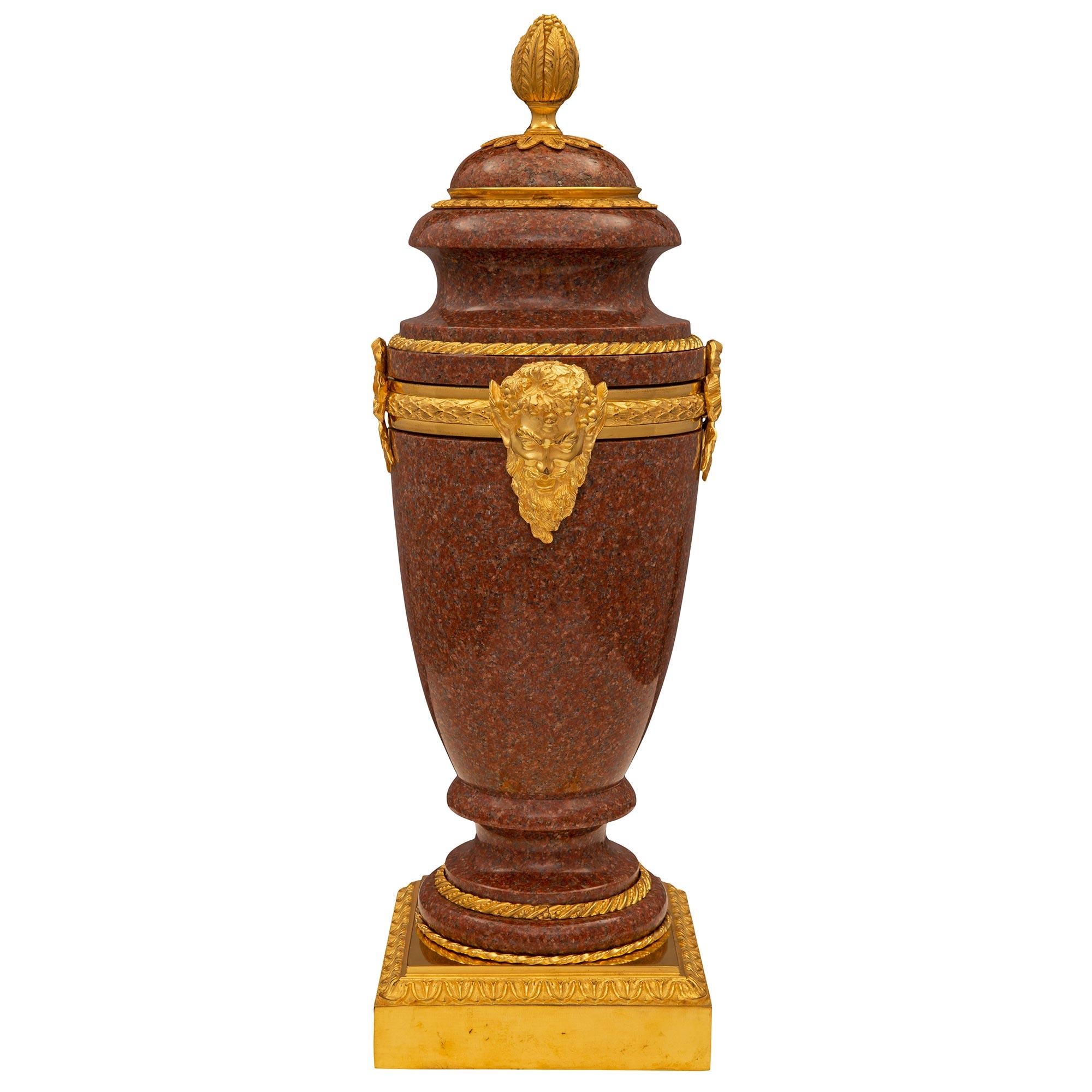 Pair of French 19th Century Louis XVI St. Ormolu and Red Granite Urns For Sale 1