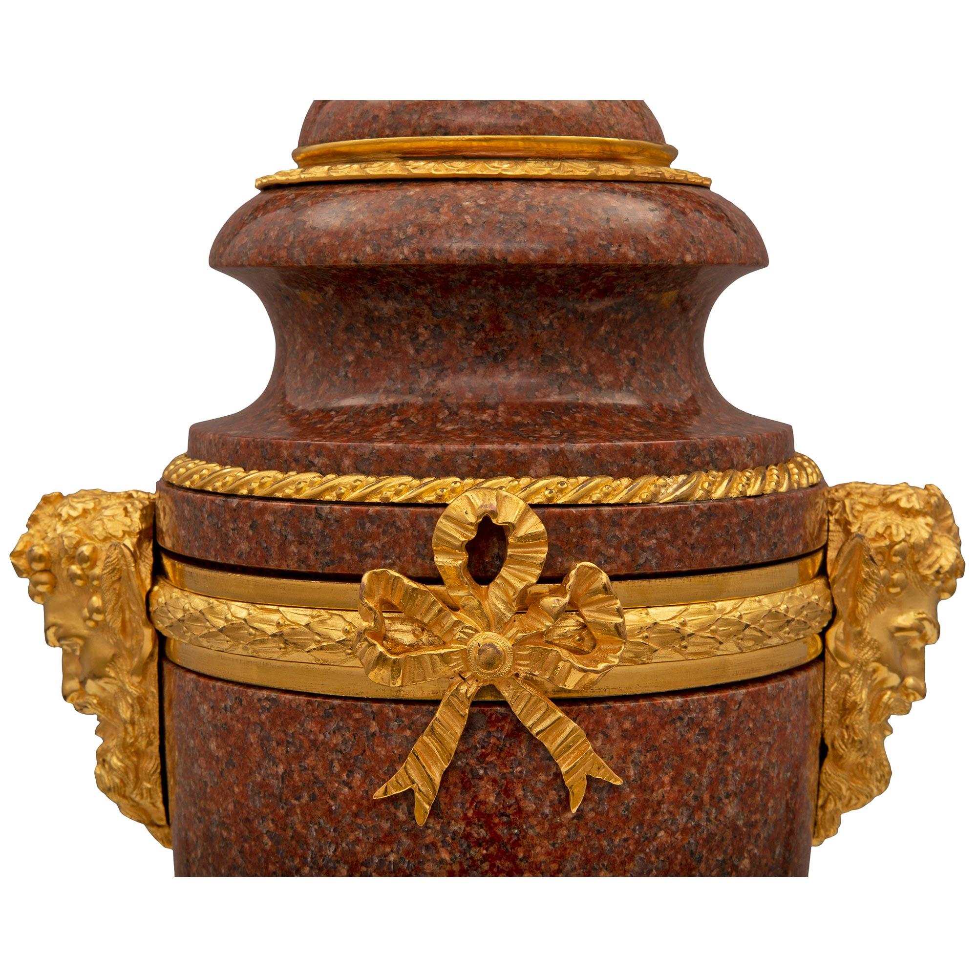 Pair of French 19th Century Louis XVI St. Ormolu and Red Granite Urns For Sale 3