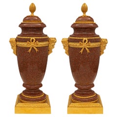 Antique Pair of French 19th Century Louis XVI St. Ormolu and Red Granite Urns