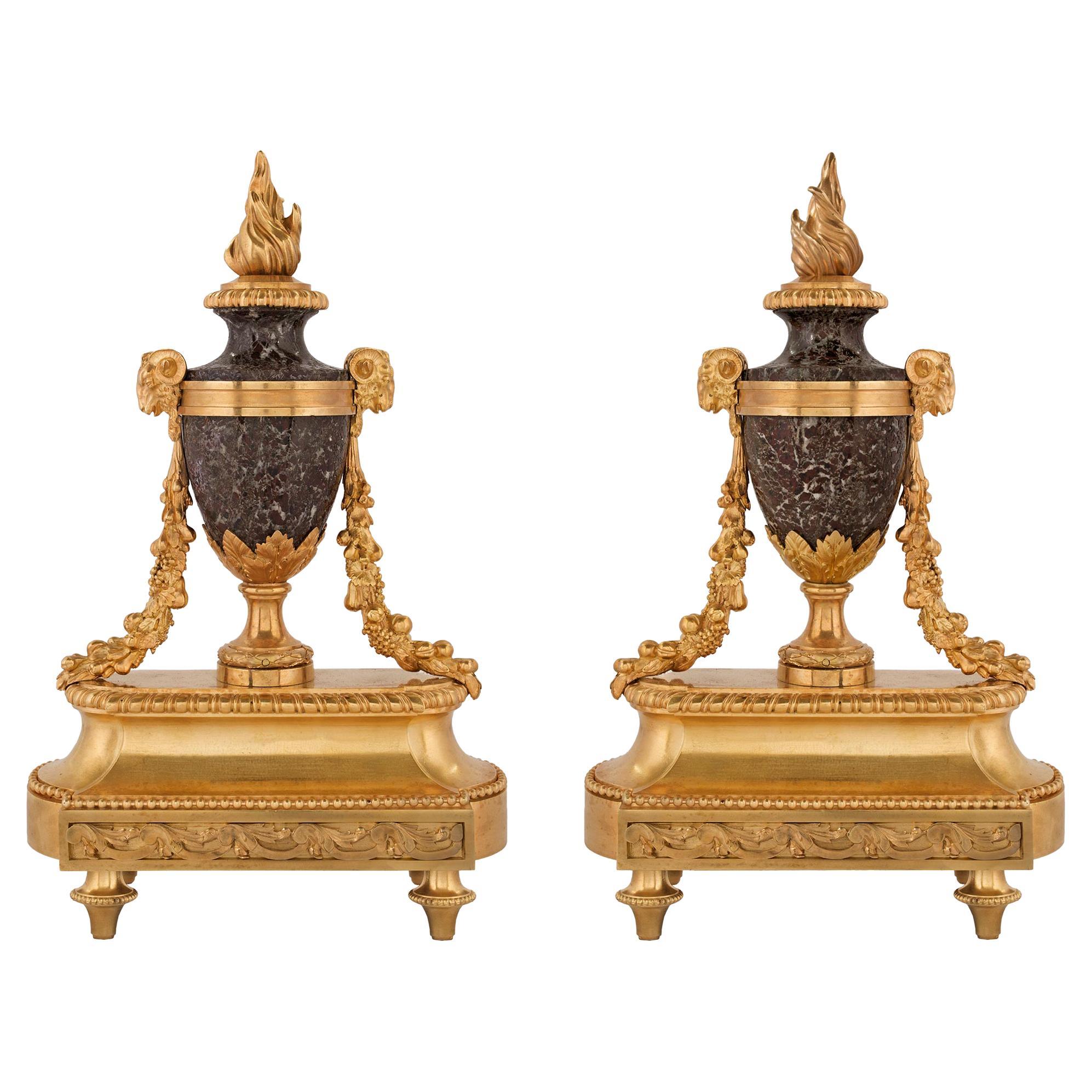 Pair of French 19th Century Louis XVI St. Ormolu and Rosso Levanto Andirons