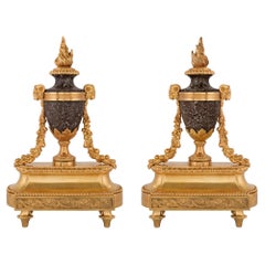 Pair of French 19th Century Louis XVI St. Ormolu and Rosso Levanto Andirons