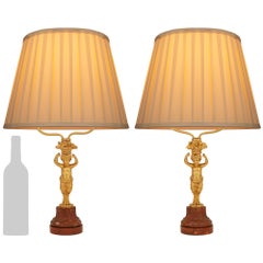 pair of French 19th century  Louis XVI st. Ormolu and Rosso Levanto marble lamps