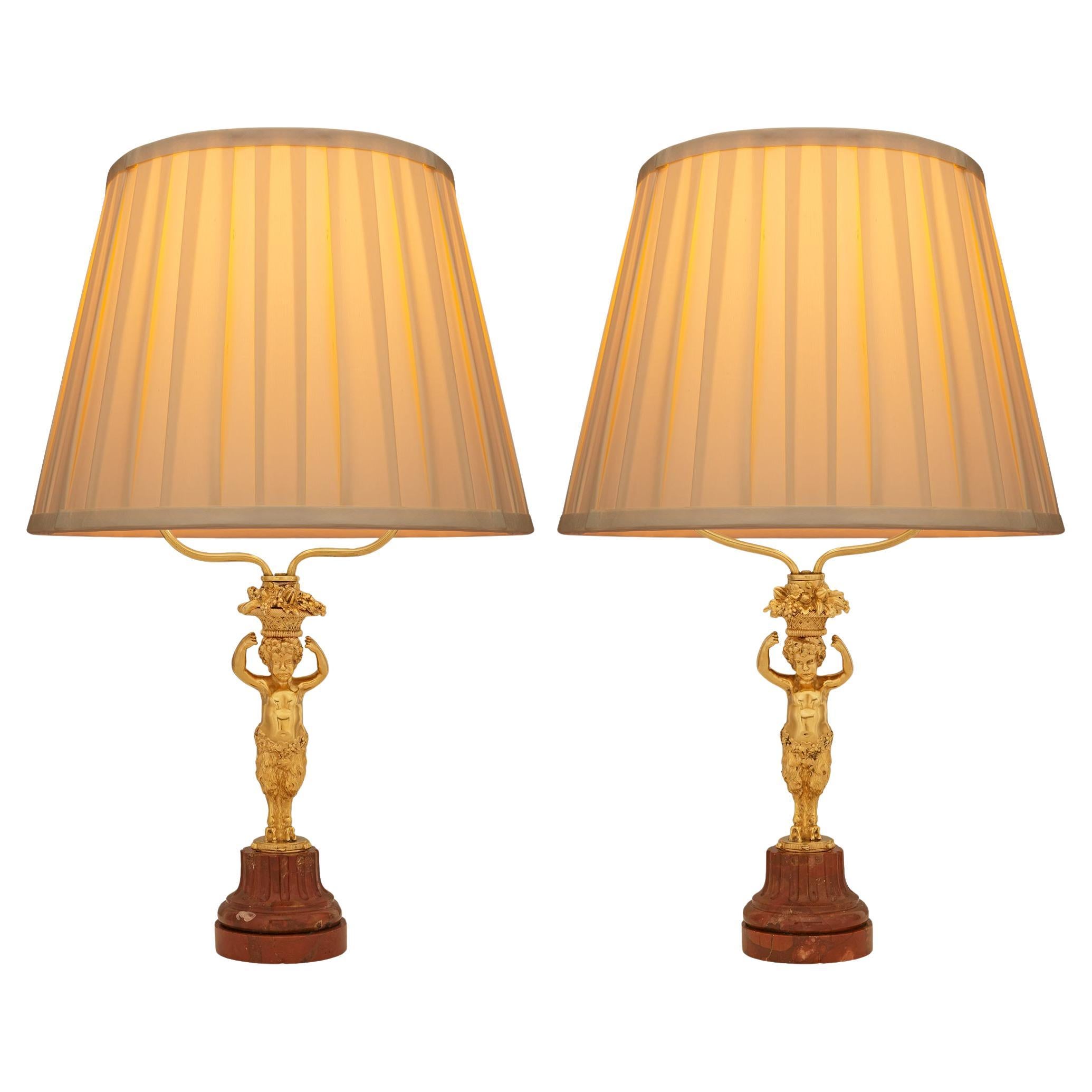 pair of French 19th century  Louis XVI st. Ormolu and Rosso Levanto marble lamps
