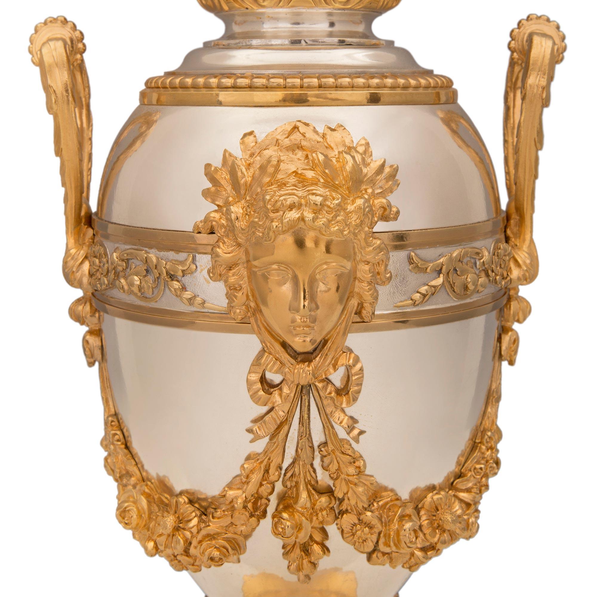 Pair of French 19th Century Louis XVI St. Ormolu and Silvered Bronze Lamps For Sale 2