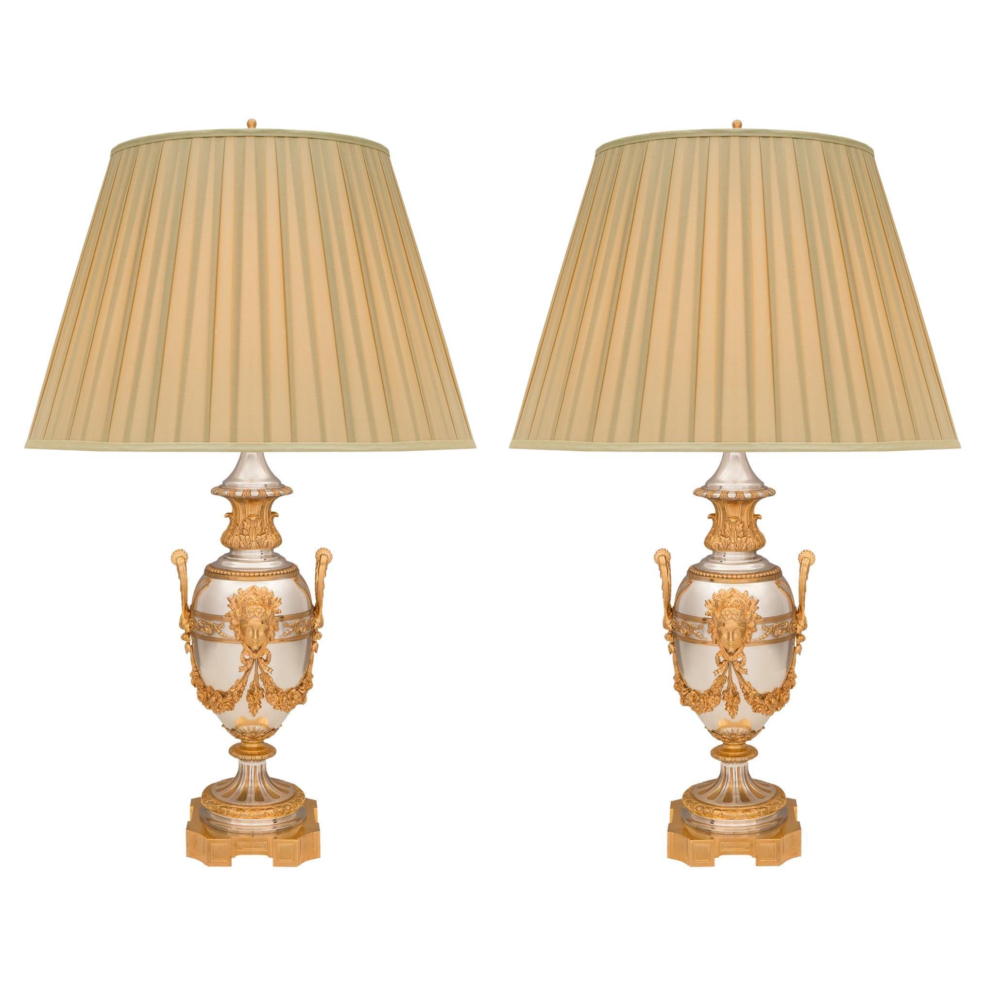 Pair of French 19th Century Louis XVI St. Ormolu and Silvered Bronze Lamps