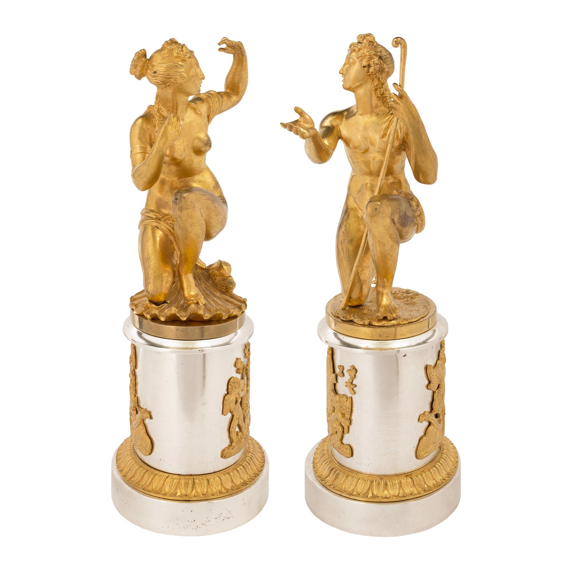 Pair of French 19th Century Louis XVI St. Ormolu and Silvered Bronze Statues For Sale 1
