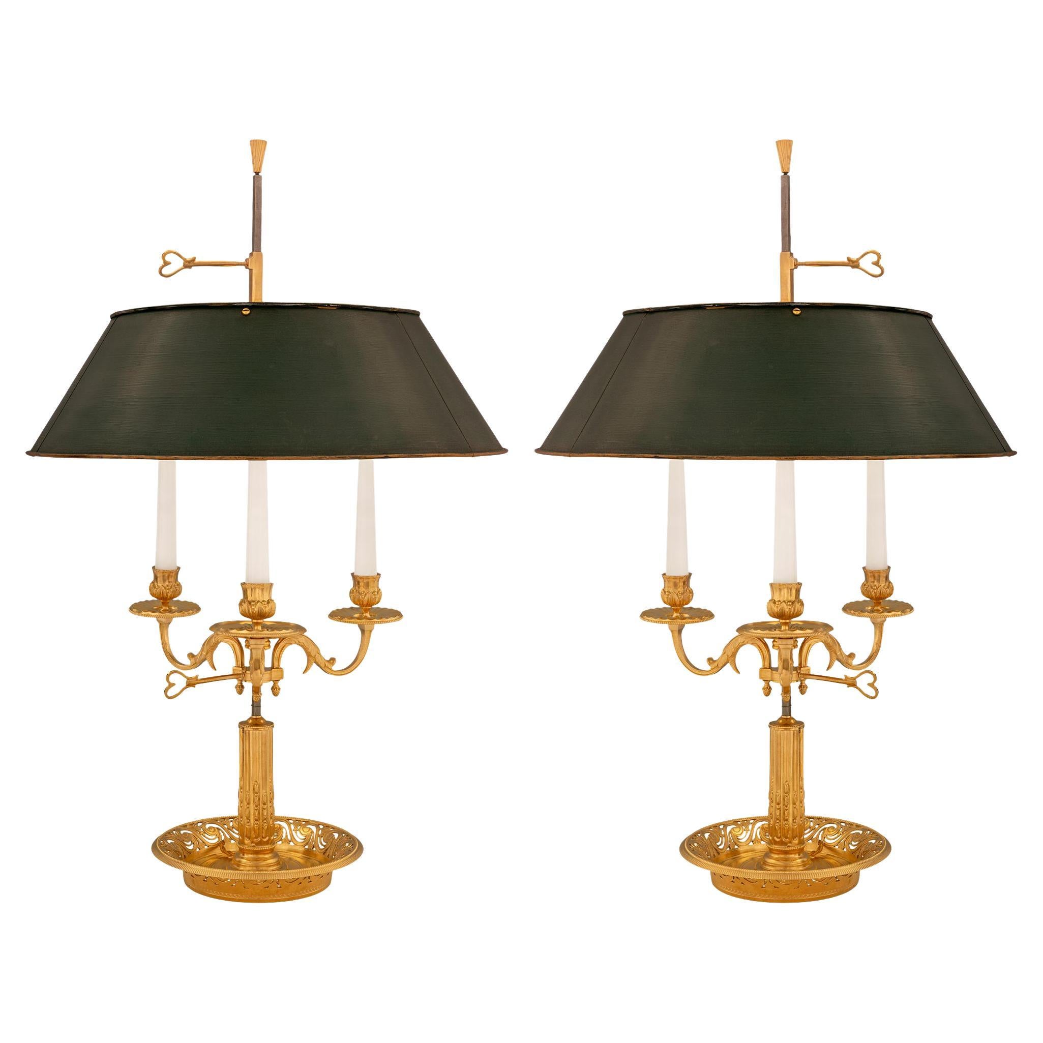 Pair of French 19th Century Louis XVI St. Ormolu and Tole Bouillotte Lamps For Sale