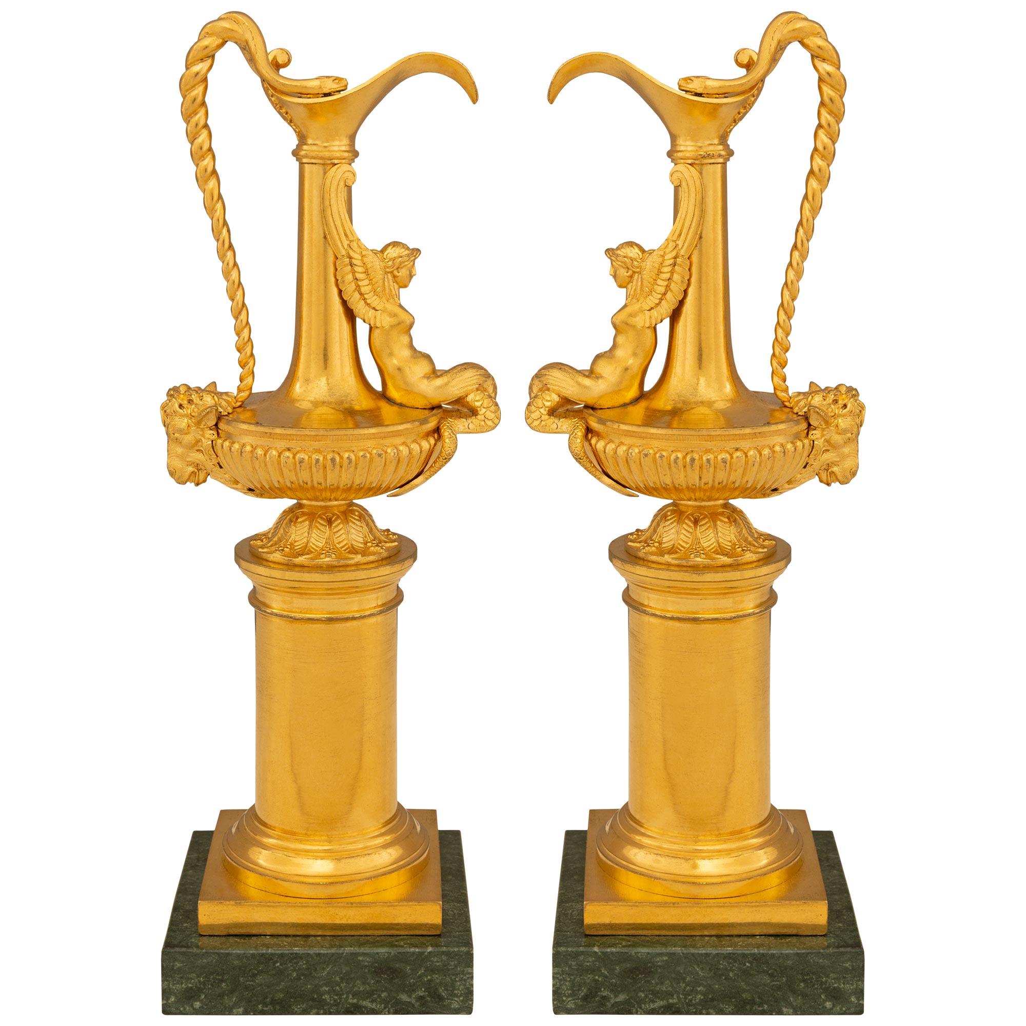 Pair Of French 19th Century Louis XVI St. Ormolu And Verde Indio Marble Ewers For Sale 6