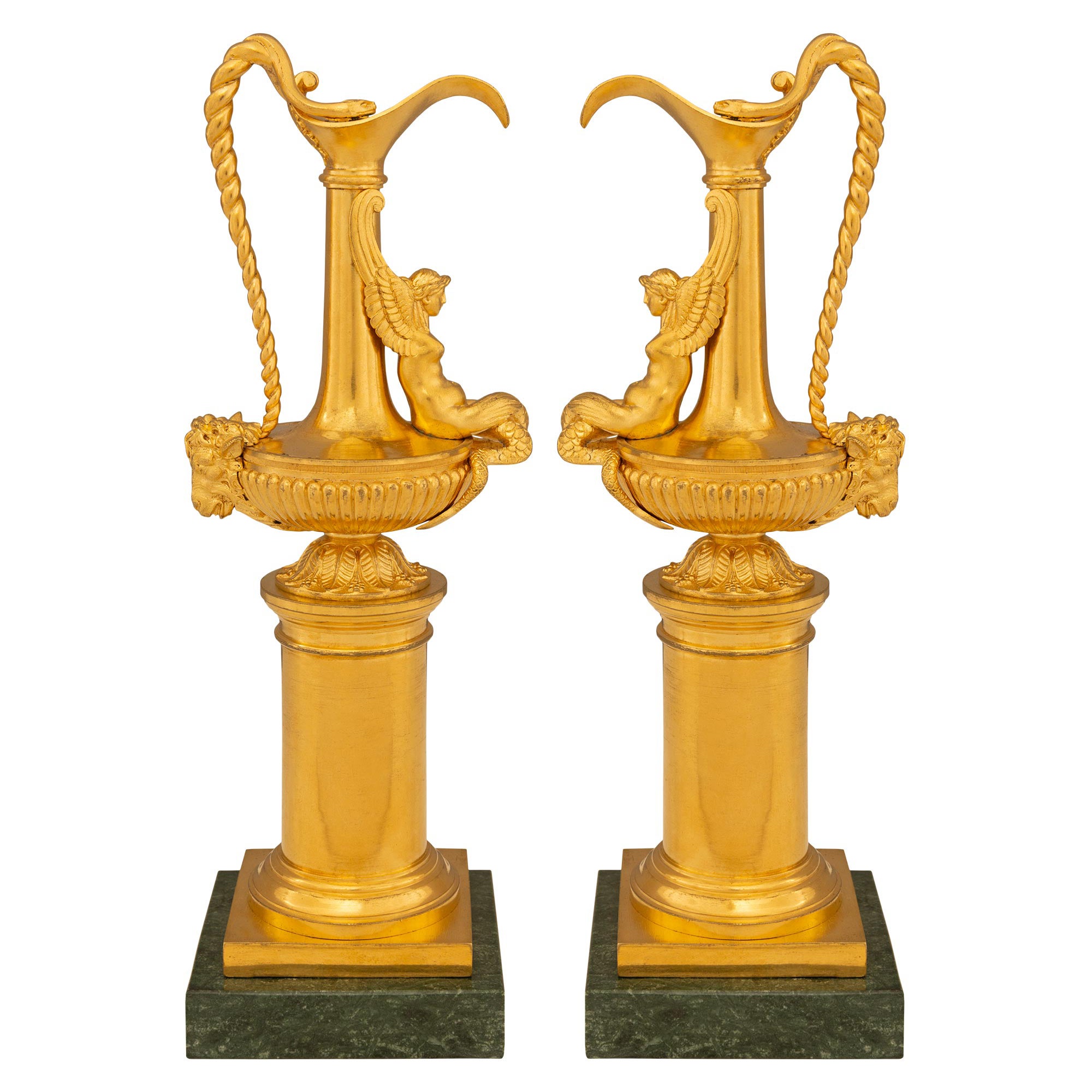 Pair Of French 19th Century Louis XVI St. Ormolu And Verde Indio Marble Ewers