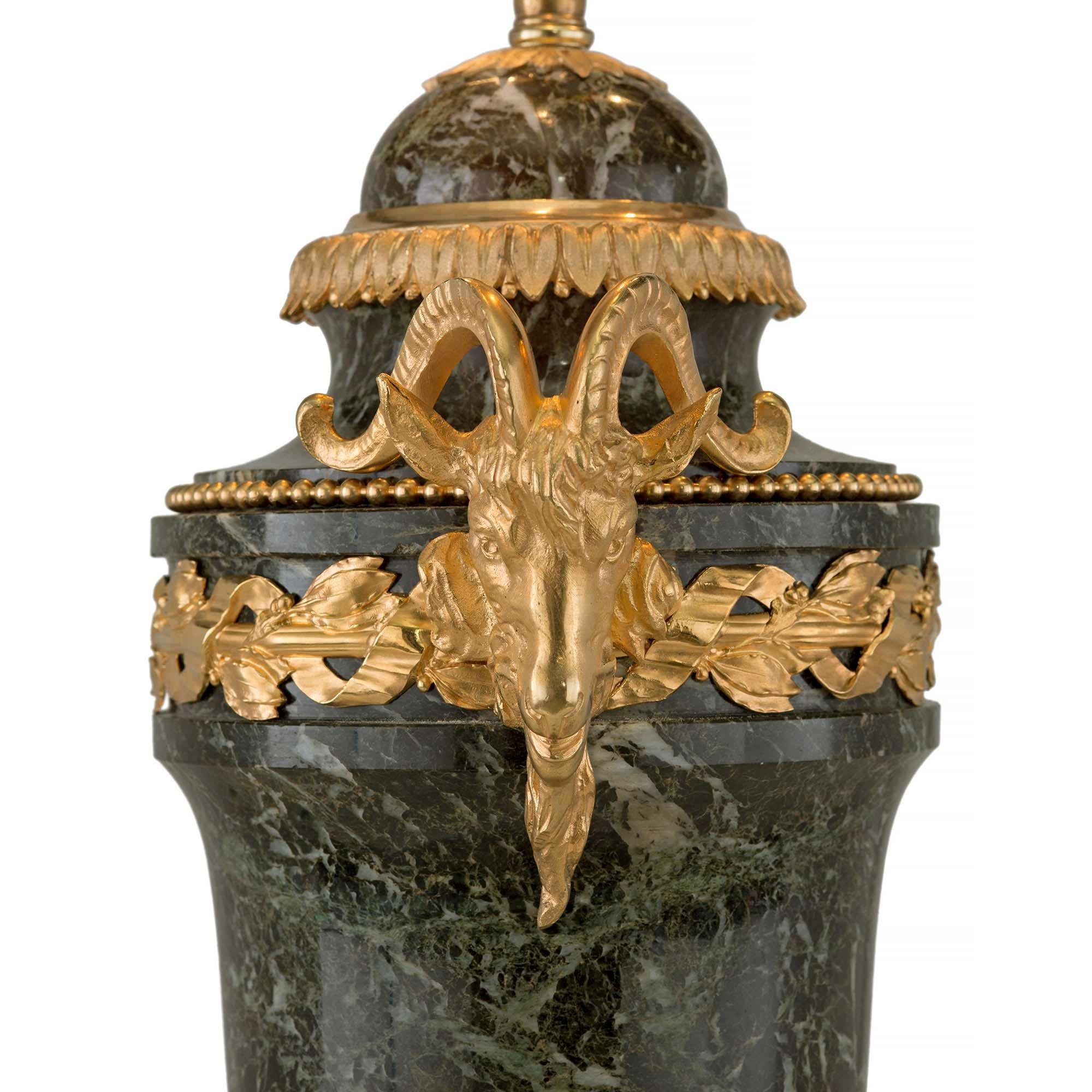 Pair of French 19th Century Louis XVI St. Ormolu and Vert Antique Marble Lamps For Sale 2