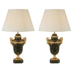 Pair of French 19th Century Louis XVI St. Ormolu and Vert Antique Marble Lamps