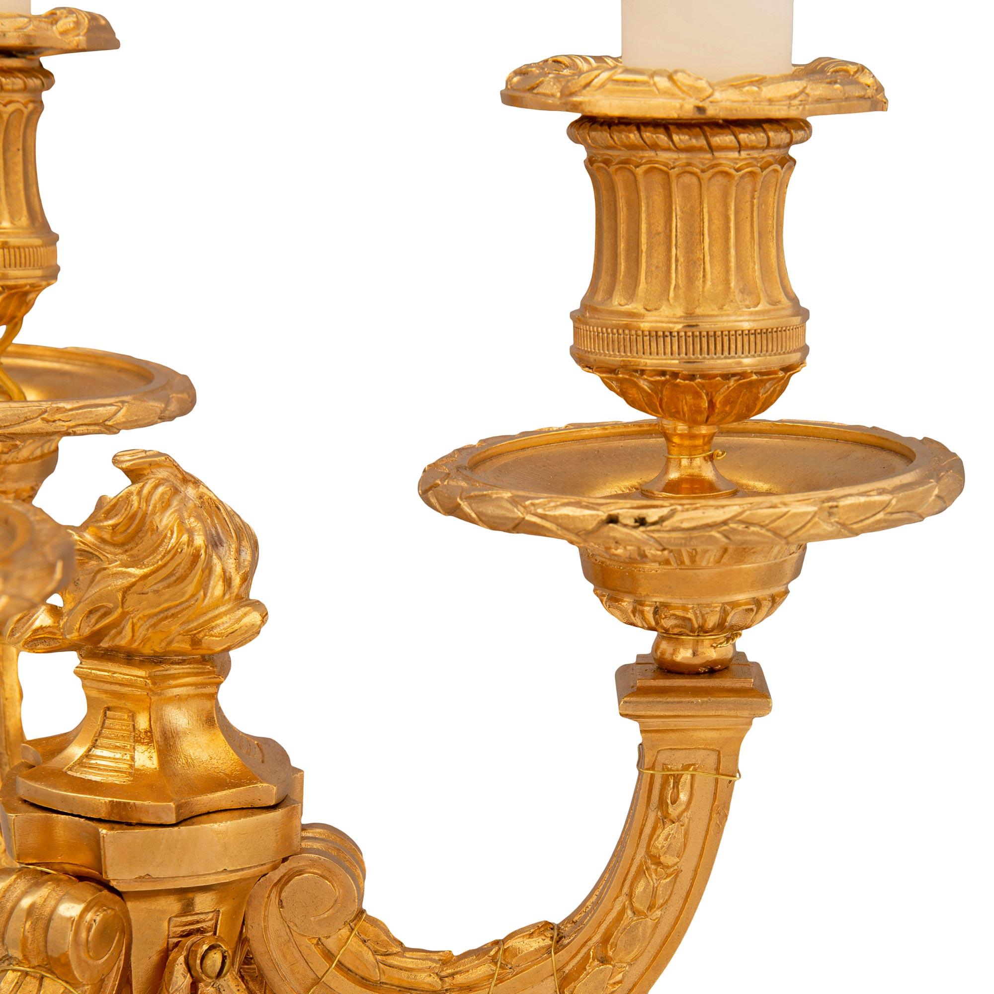 Pair of French 19th Century Louis XVI St. Ormolu and White Carrara Marble Lamps For Sale 1
