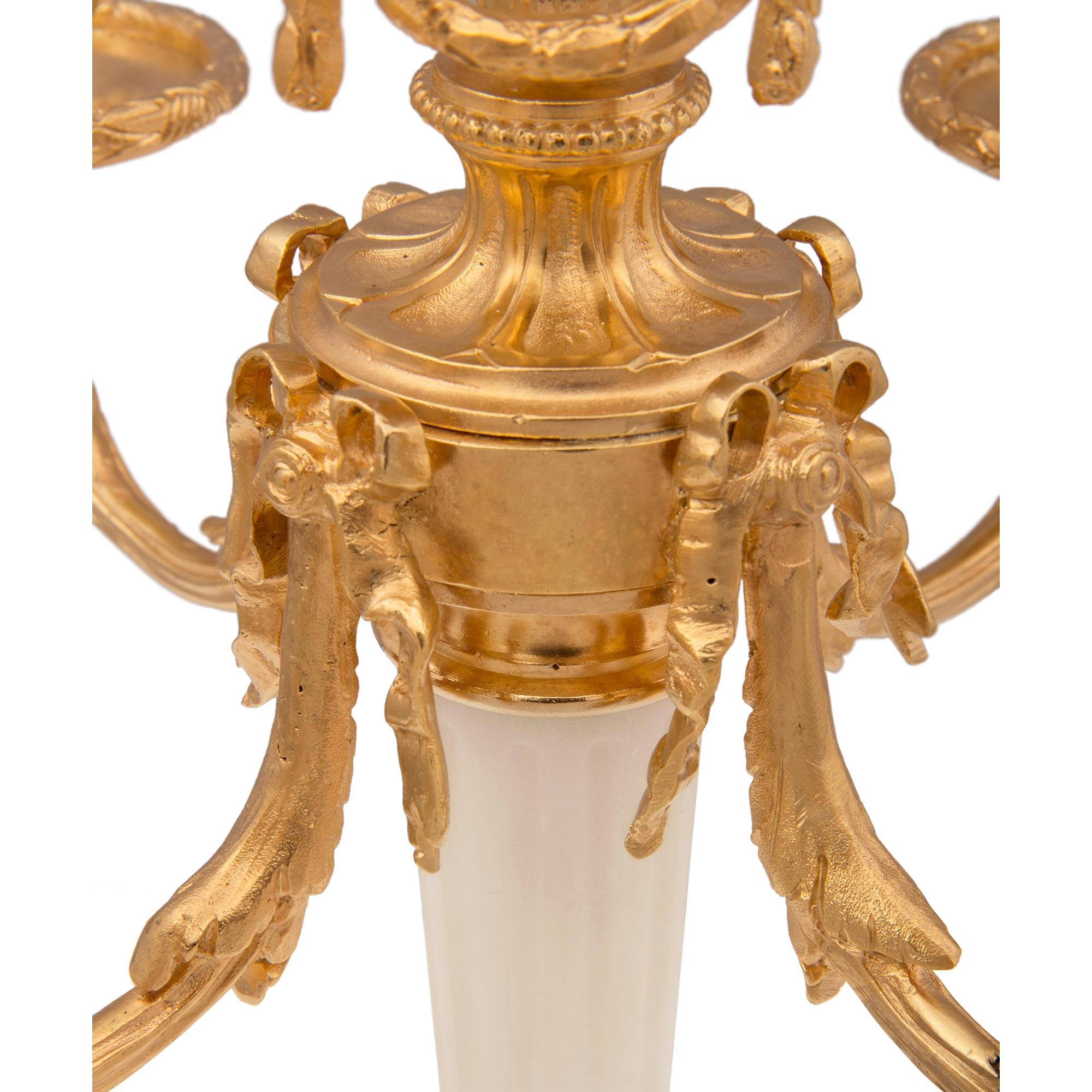 Pair of French 19th Century Louis XVI St. Ormolu and White Carrara Marble Lamps For Sale 2