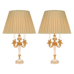 Paire de lampes françaises du 19ème siècle de style Louis XVI en bronze doré et marbre de Carrare blanc